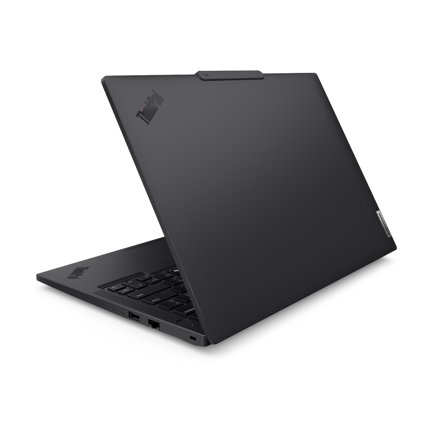 Een zwarte laptop met het deksel open. De laptop staat schuin, de toetsenbord zichtbaar.