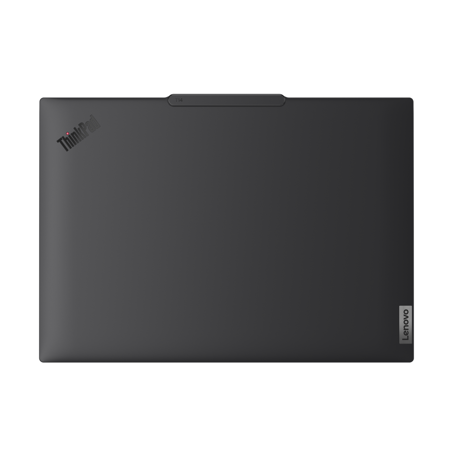 Bovenaanzicht van een gesloten donkergrijze Lenovo ThinkPad laptop met de ThinkPad- en Lenovo-logo's.