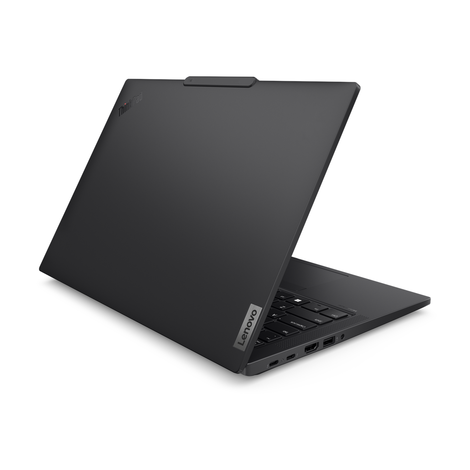 Zwarte Lenovo laptop, achteraanzicht, gesloten. Lenovo-logo is zichtbaar.