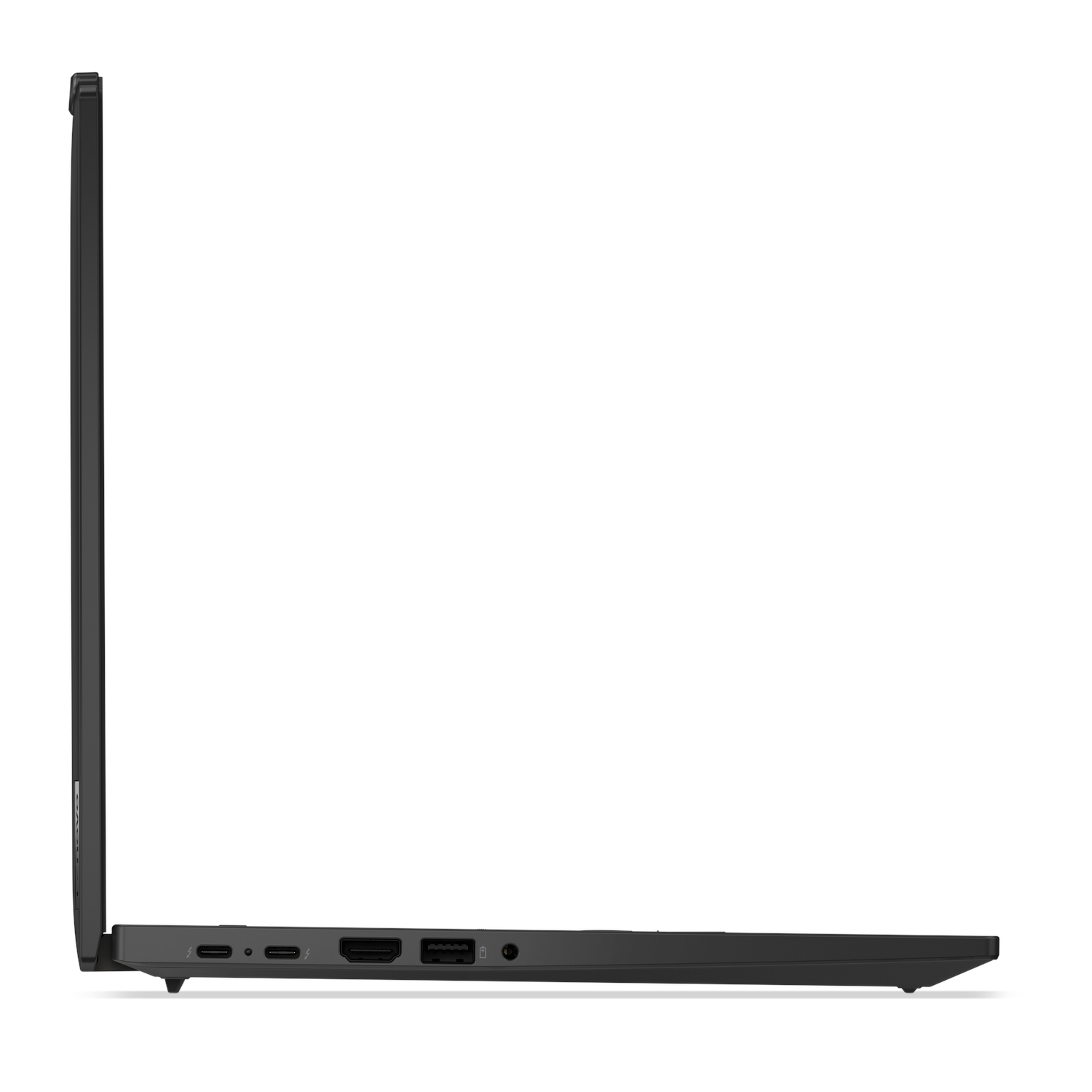 Zwarte laptop, zijaanzicht, met poorten en een slank profiel. Zwarte achtergrond.