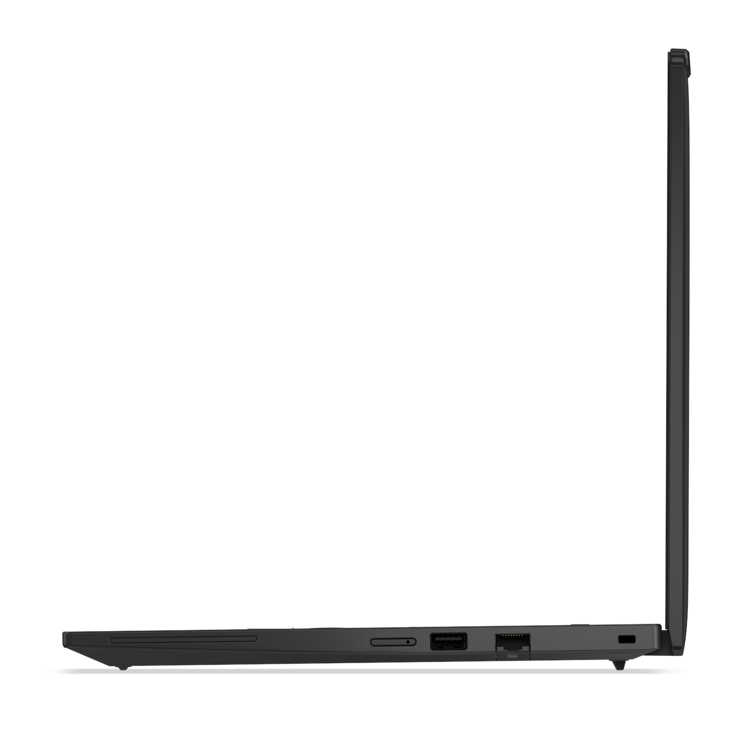 Een zijaanzicht van een gesloten, zwarte laptop. Het scherm is gesloten.