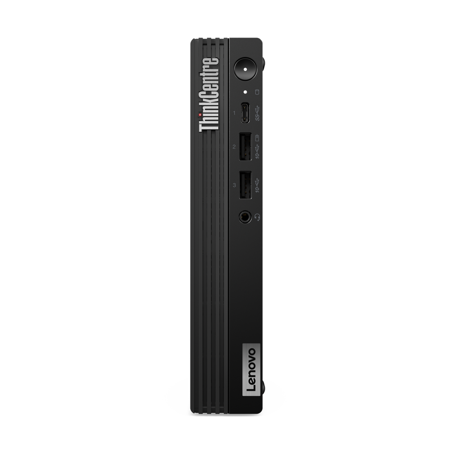 A black desktop computer with ThinkCentre and Lenovo logos. The computer is in an upright position.