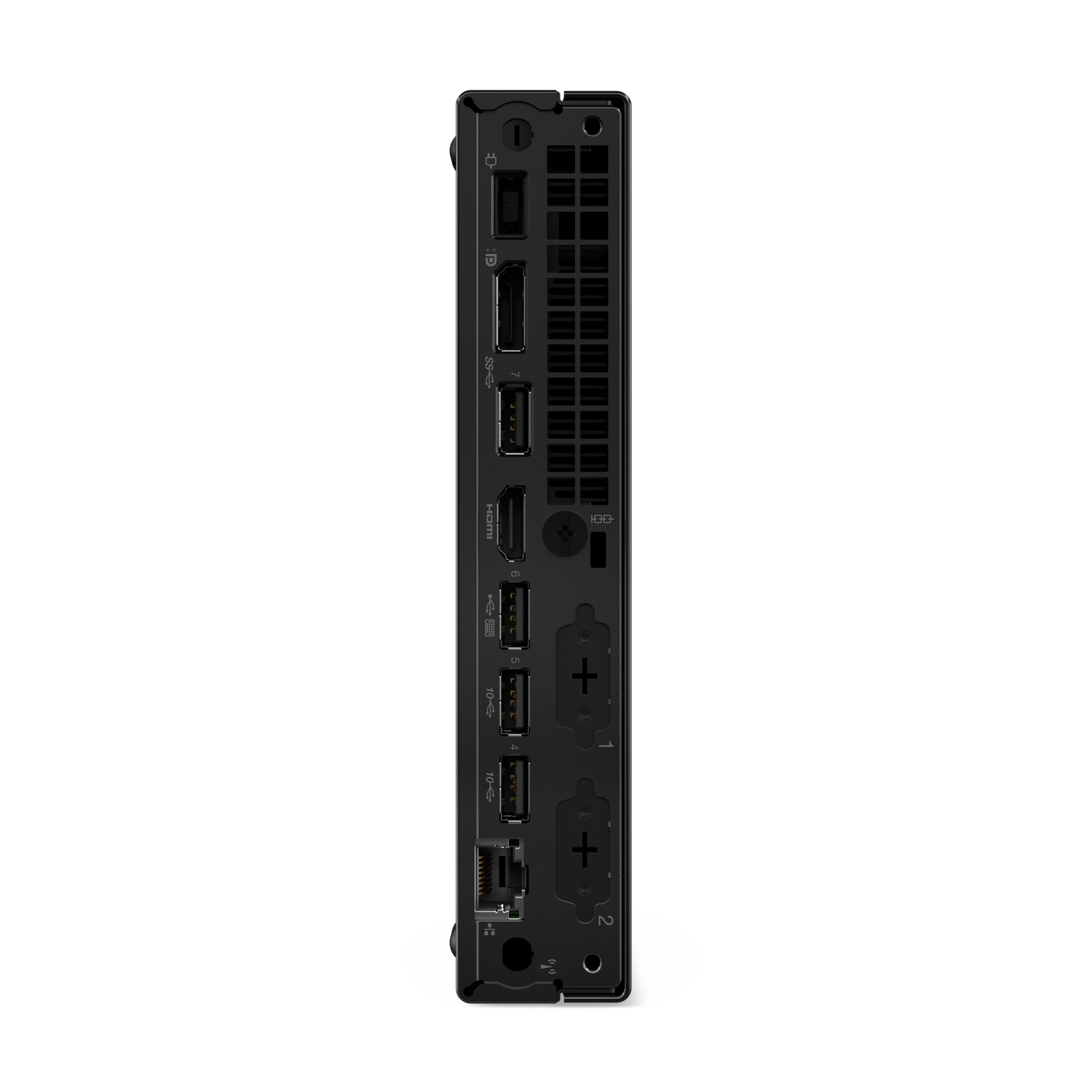 A black mini PC with various ports visible on the side, including USB, HDMI, and Ethernet.