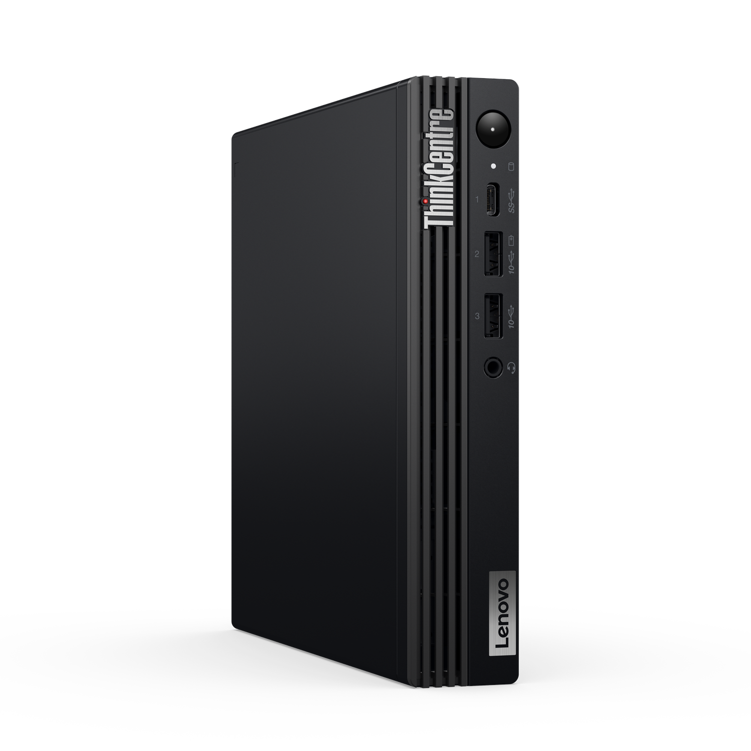 Black Lenovo ThinkCentre computer, vertical view, with ports and 'Lenovo' label.