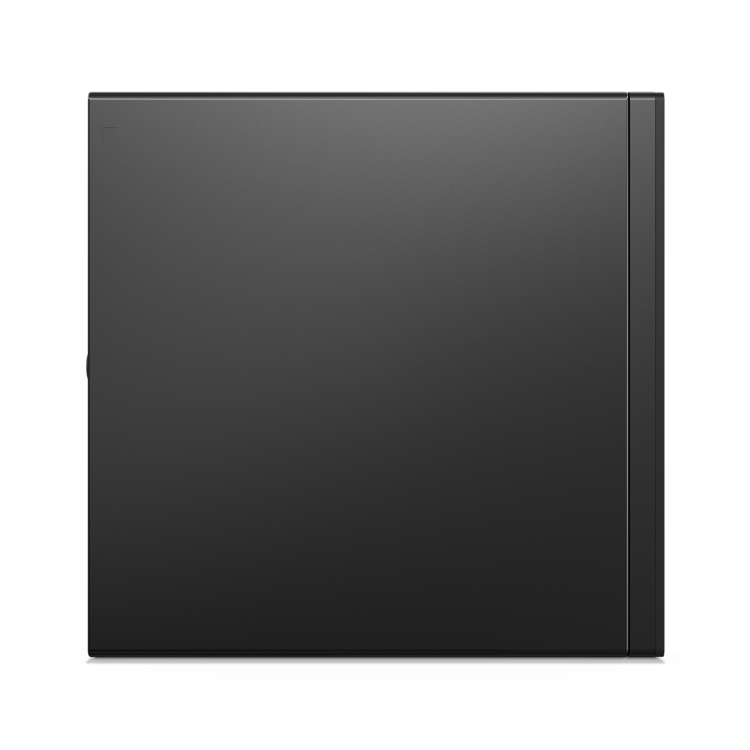 Black computer case with a plain surface, viewed from the side.