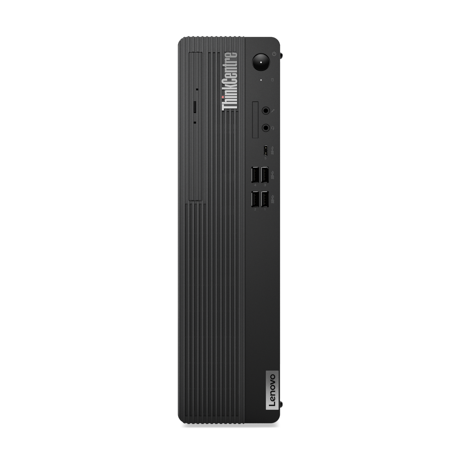 Een zwarte ThinkCentre desktopcomputer, met de voorkant met poorten en het Lenovo-logo.