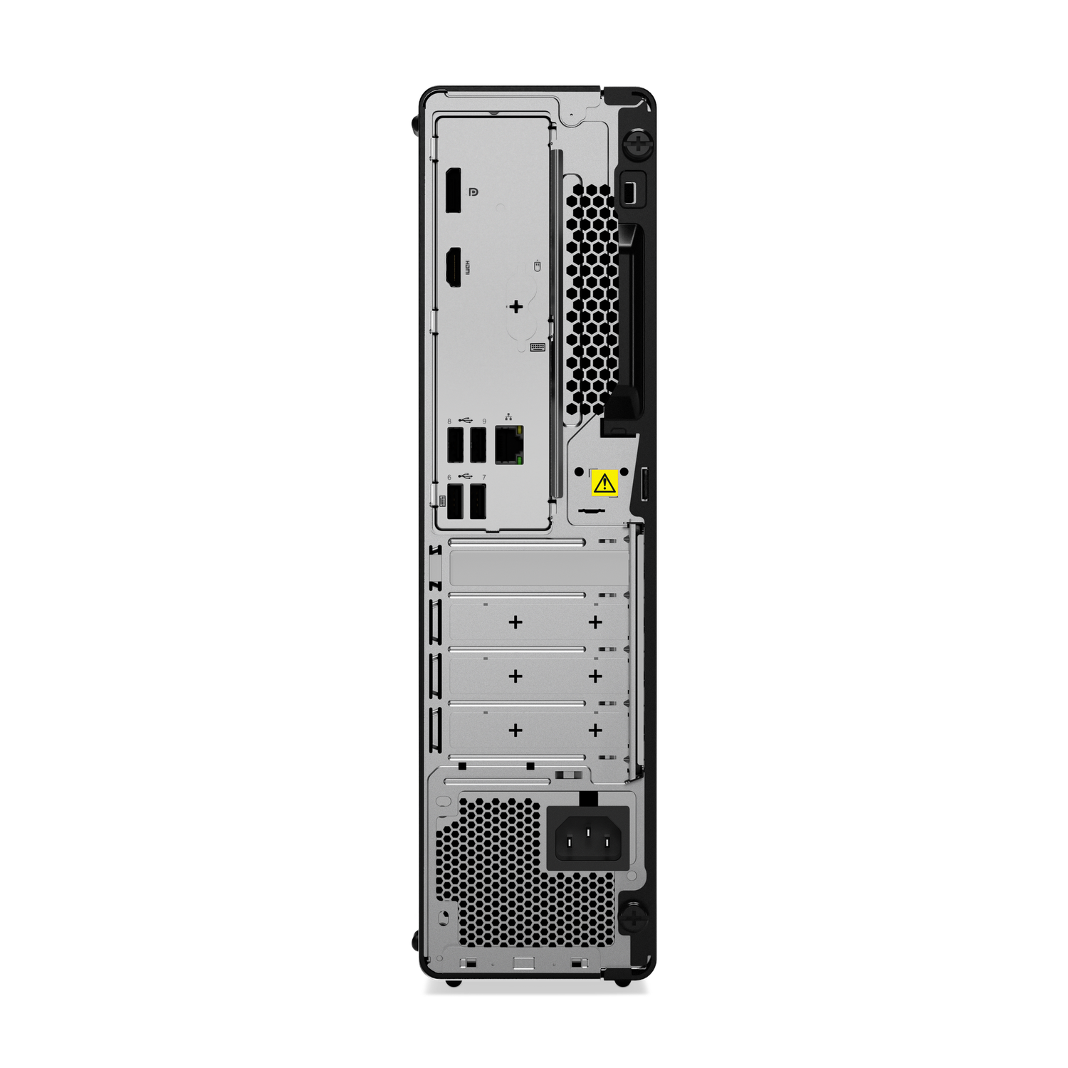Achteraanzicht van een zwarte Lenovo desktopcomputer. Toont poorten en een stopcontact.