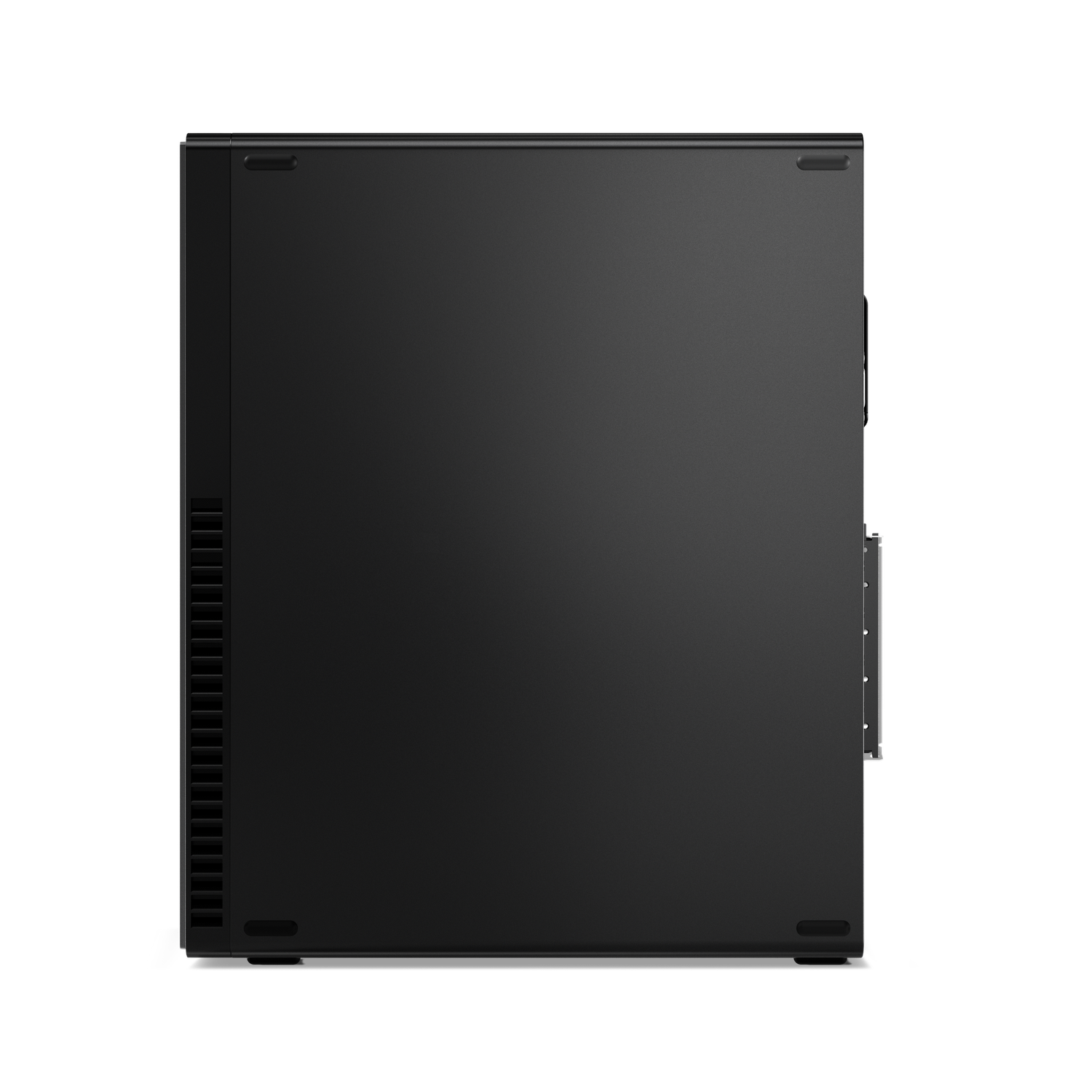 Bovenaanzicht van een zwarte desktopcomputer. Het oppervlak is glad. Een ventilatierooster is zichtbaar.
