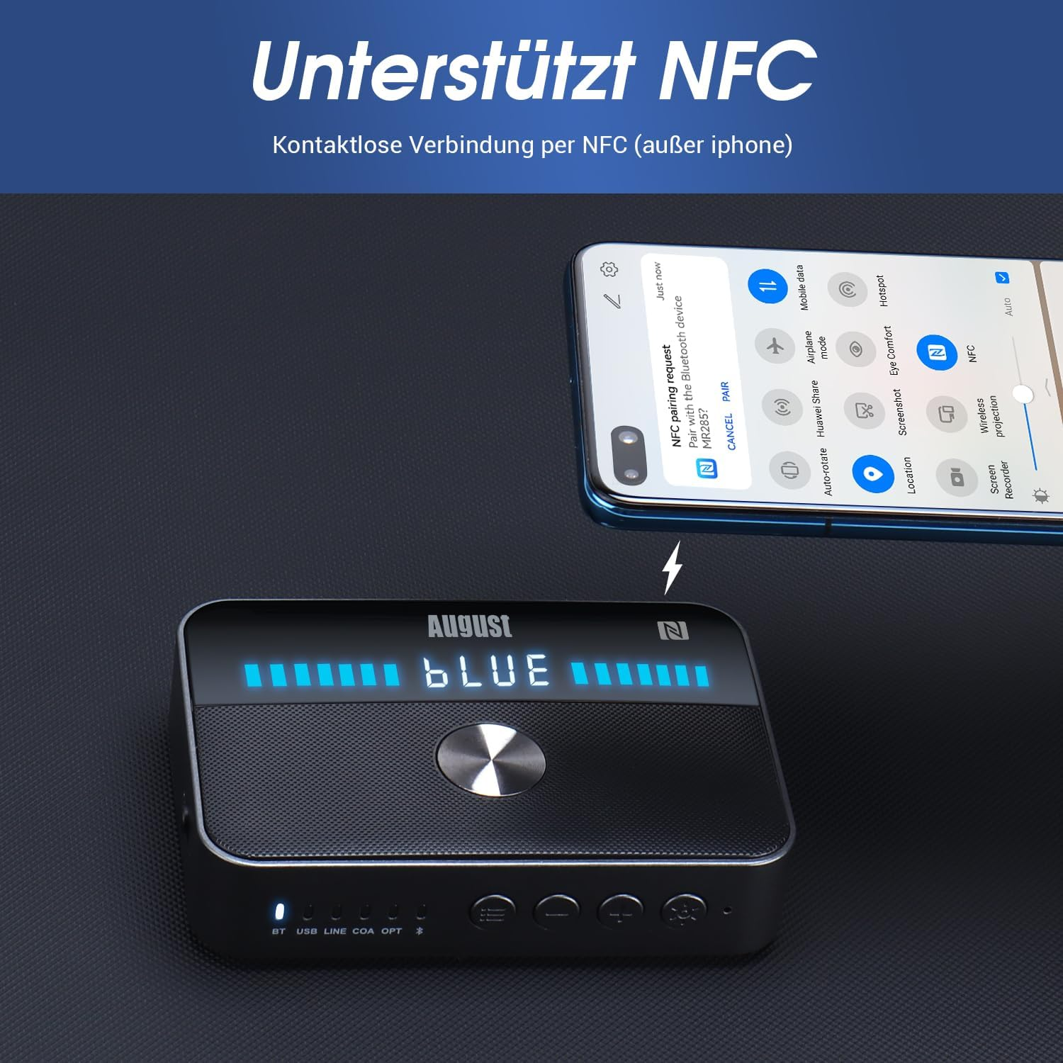 Schwarzes und silbernes August Blue-Gerät mit Telefon oben, das NFC zeigt.