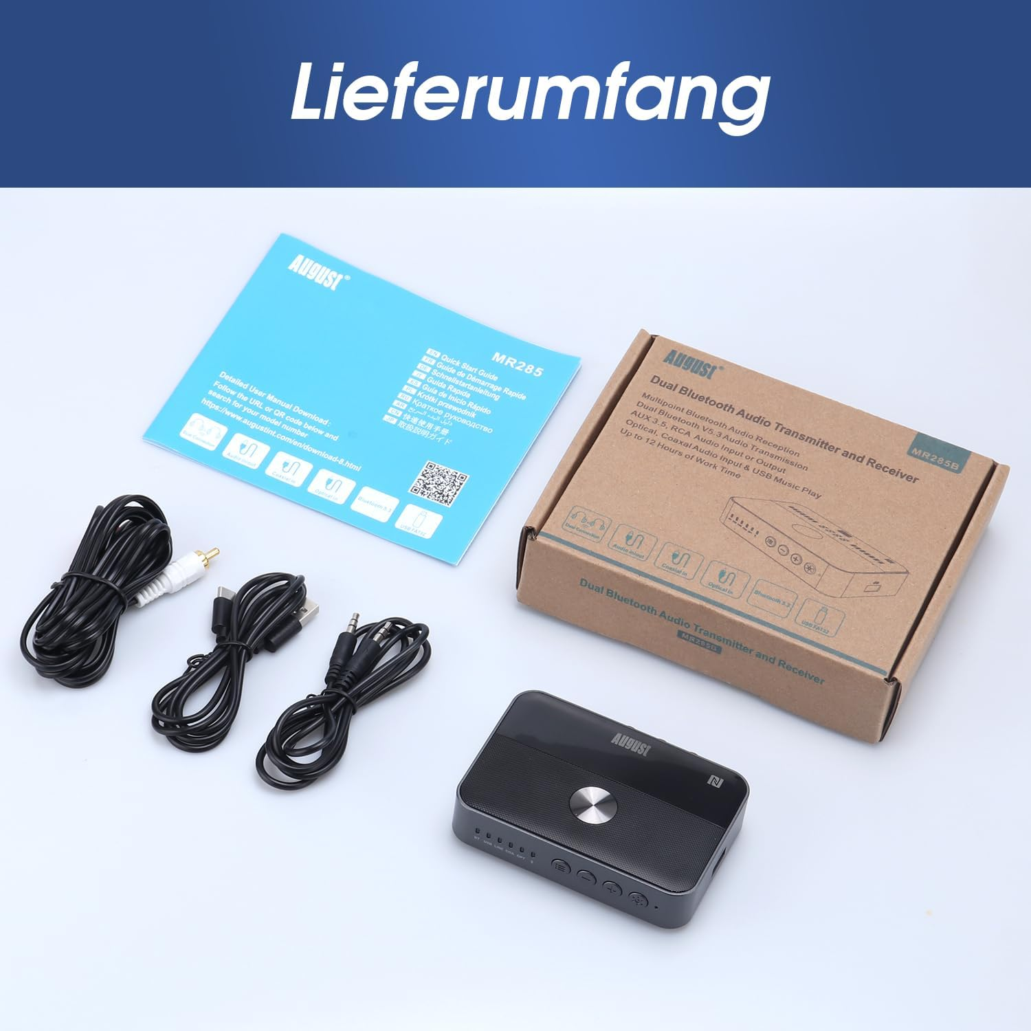 August Dual Bluetooth Audio-Sender und -Empfänger mit Zubehör.