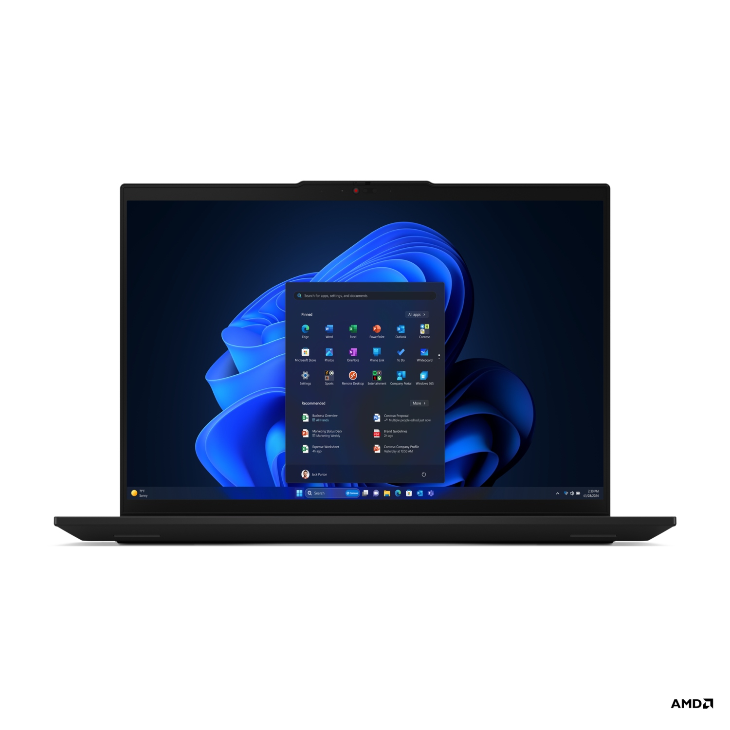 Een laptop met een Windows 11-interface open. Een zwarte laptop met een zichtbaar toetsenbord, op een zwarte ondergrond.