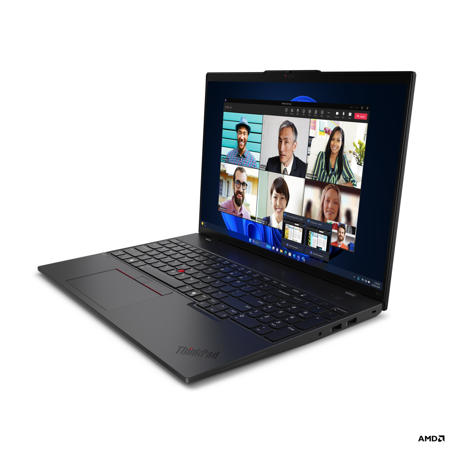 Een zwarte ThinkPad laptop die een videoconferentie op het scherm weergeeft, met meerdere deelnemers zichtbaar.