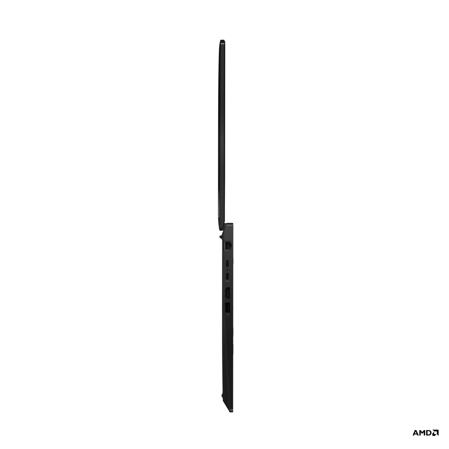Zwarte Lenovo laptop, zijaanzicht, gesloten. Dun profiel, op een witte achtergrond.