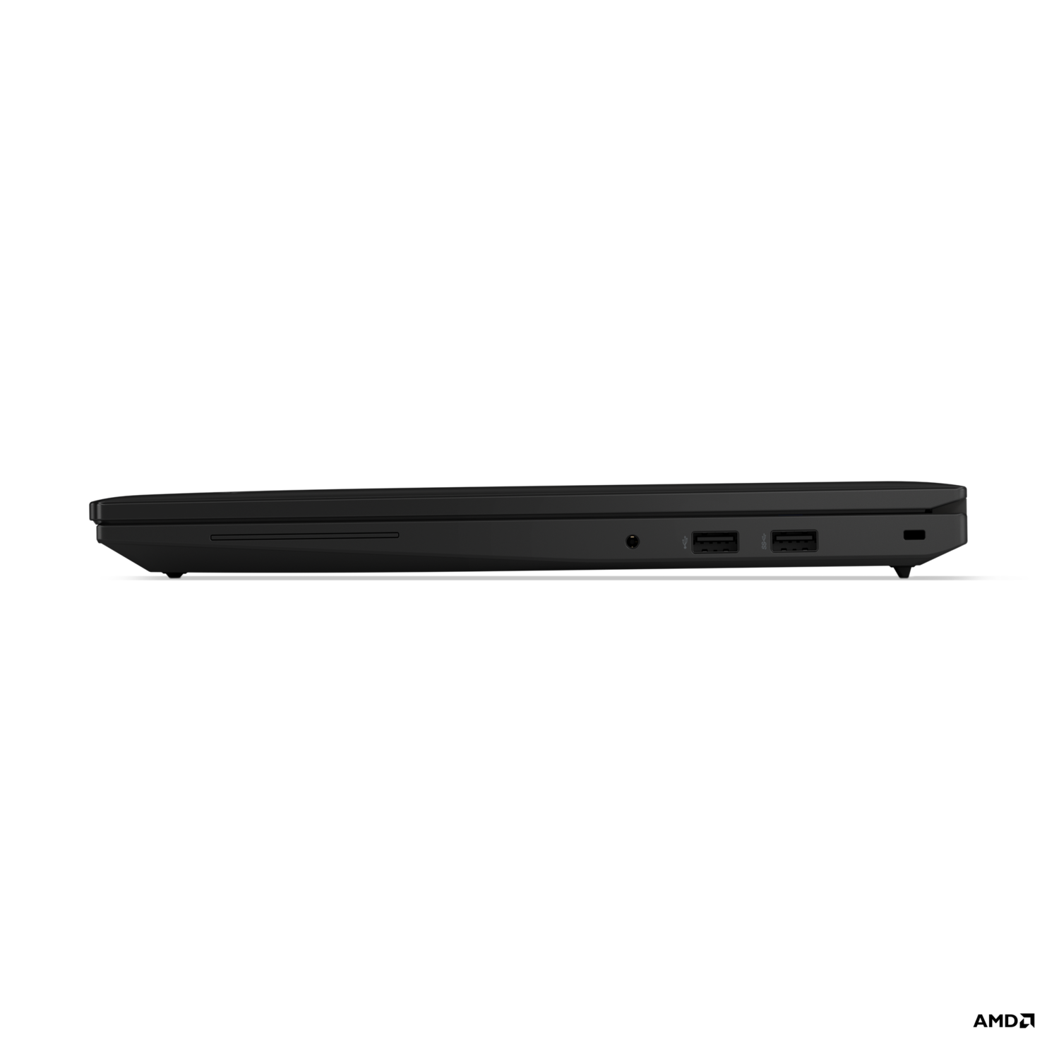Zijaanzicht van een zwarte laptop met zichtbare poorten.
