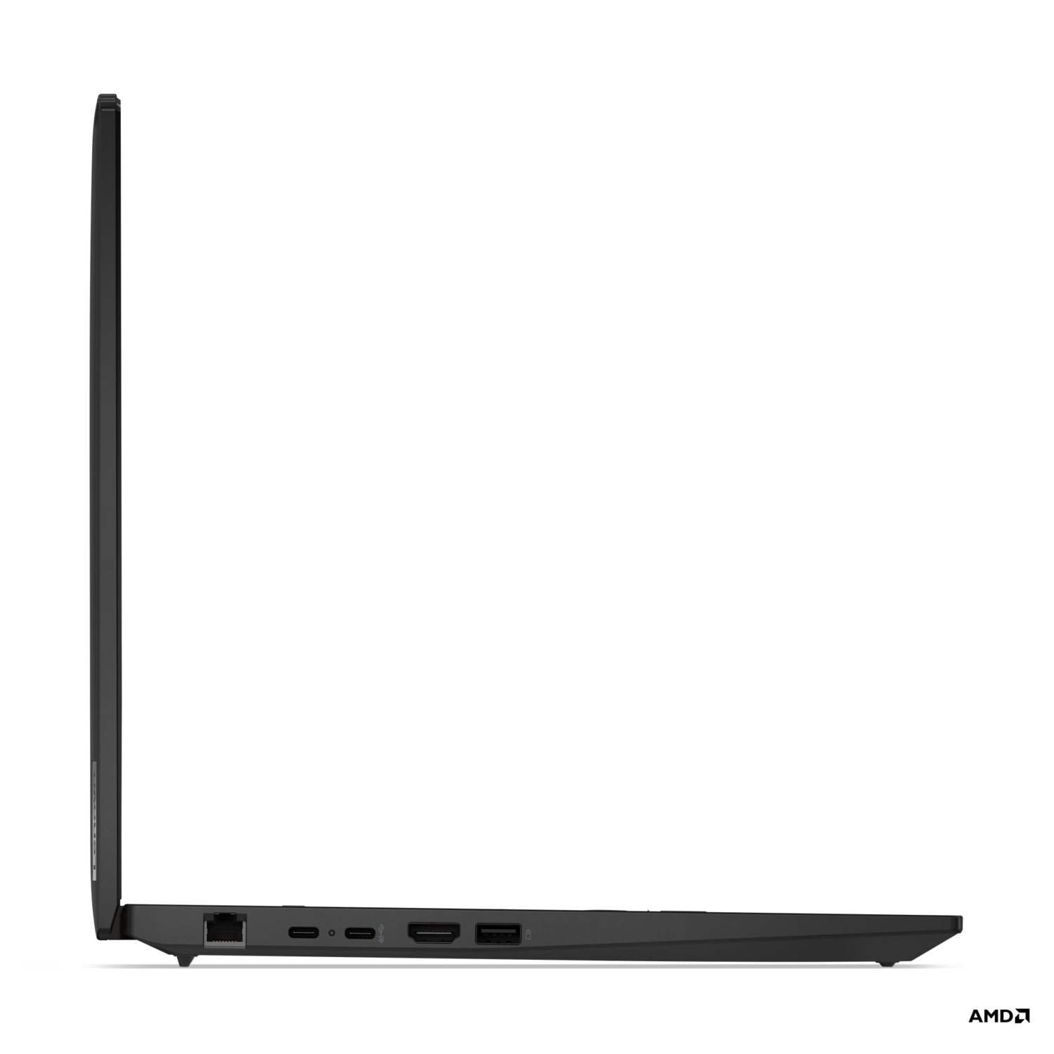 Zwarte laptop profiel op een zwarte achtergrond, met poorten en zijkant details.