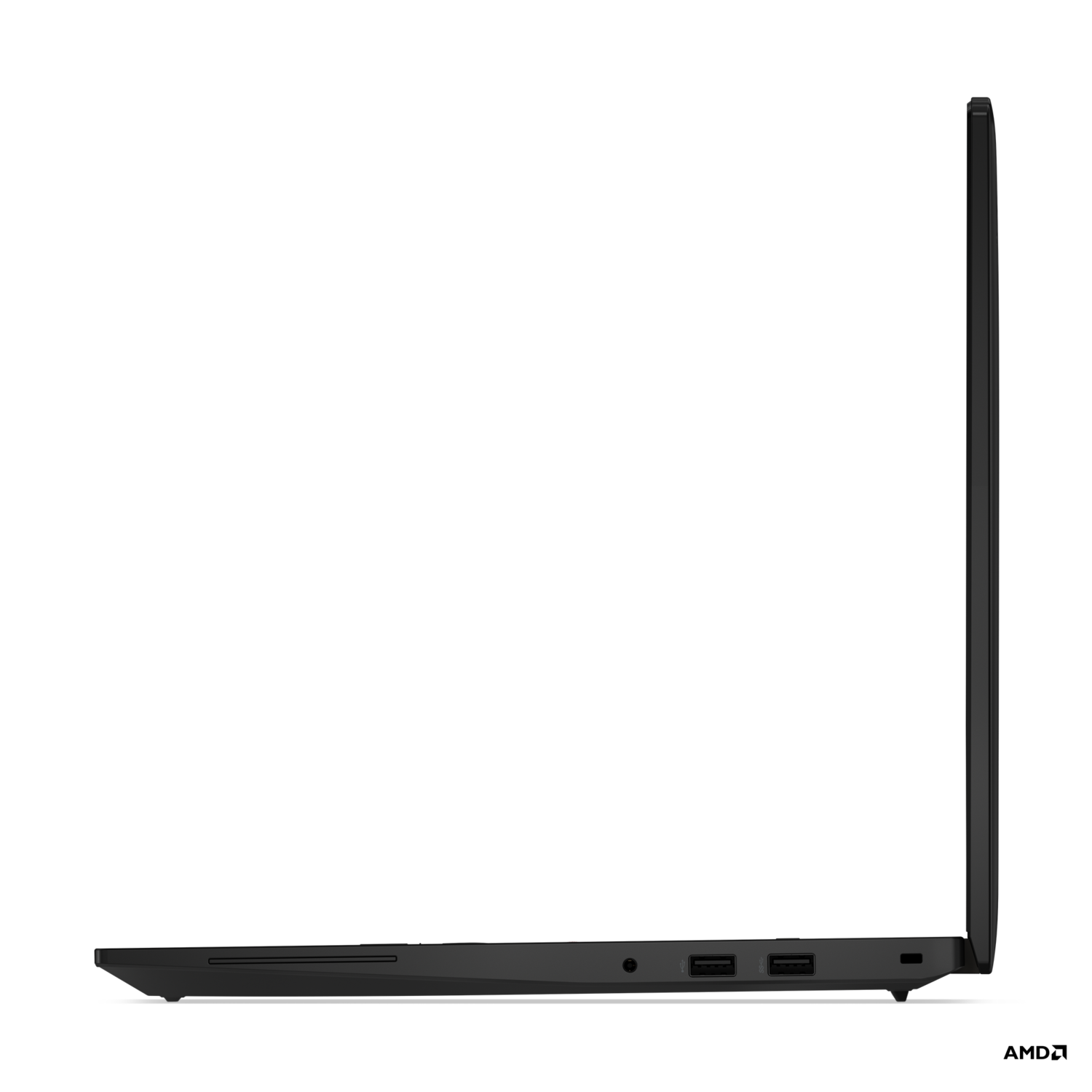 Zwarte laptop in profiel, toont zijpoorten en vorm van de behuizing.