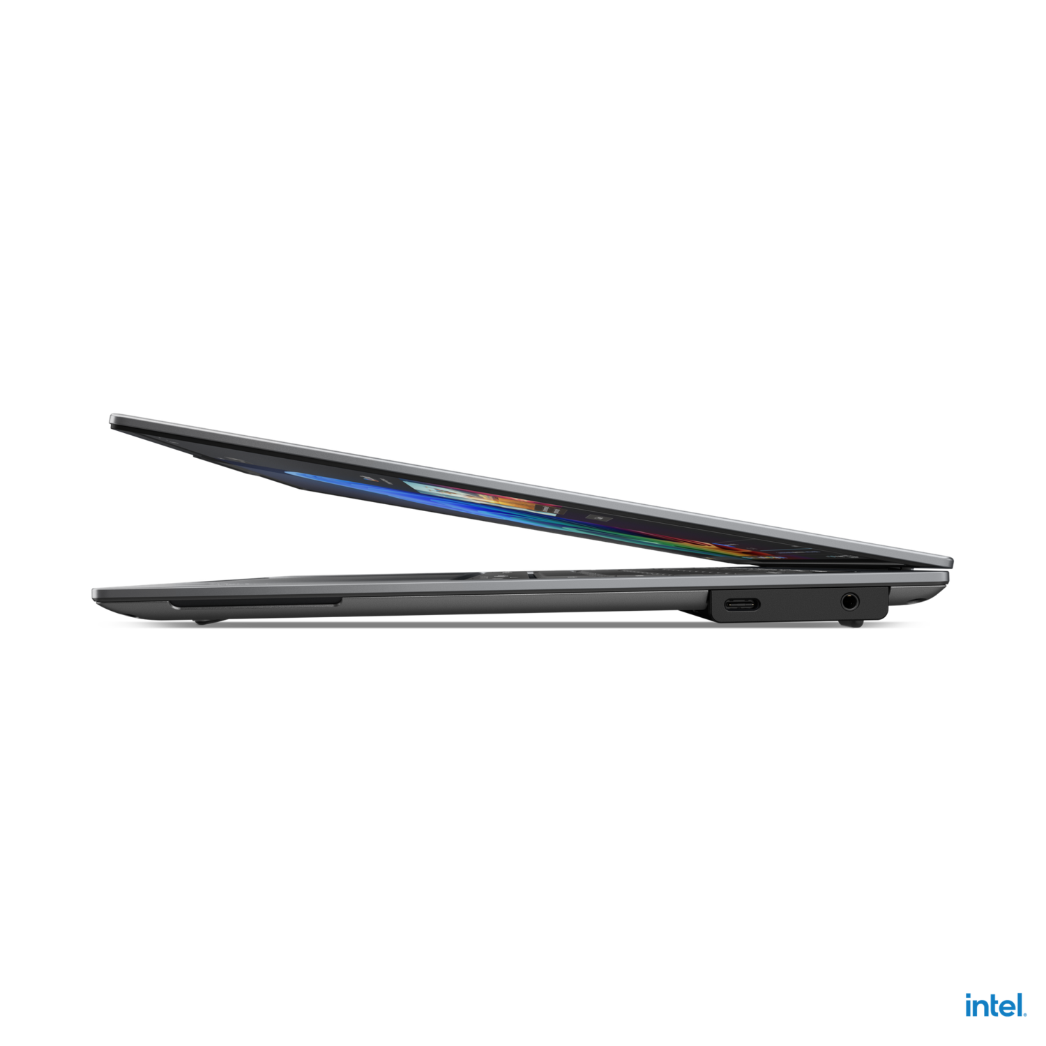 Laptop in profile, slightly open. Black body. Intel logo at the bottom right. Black background.