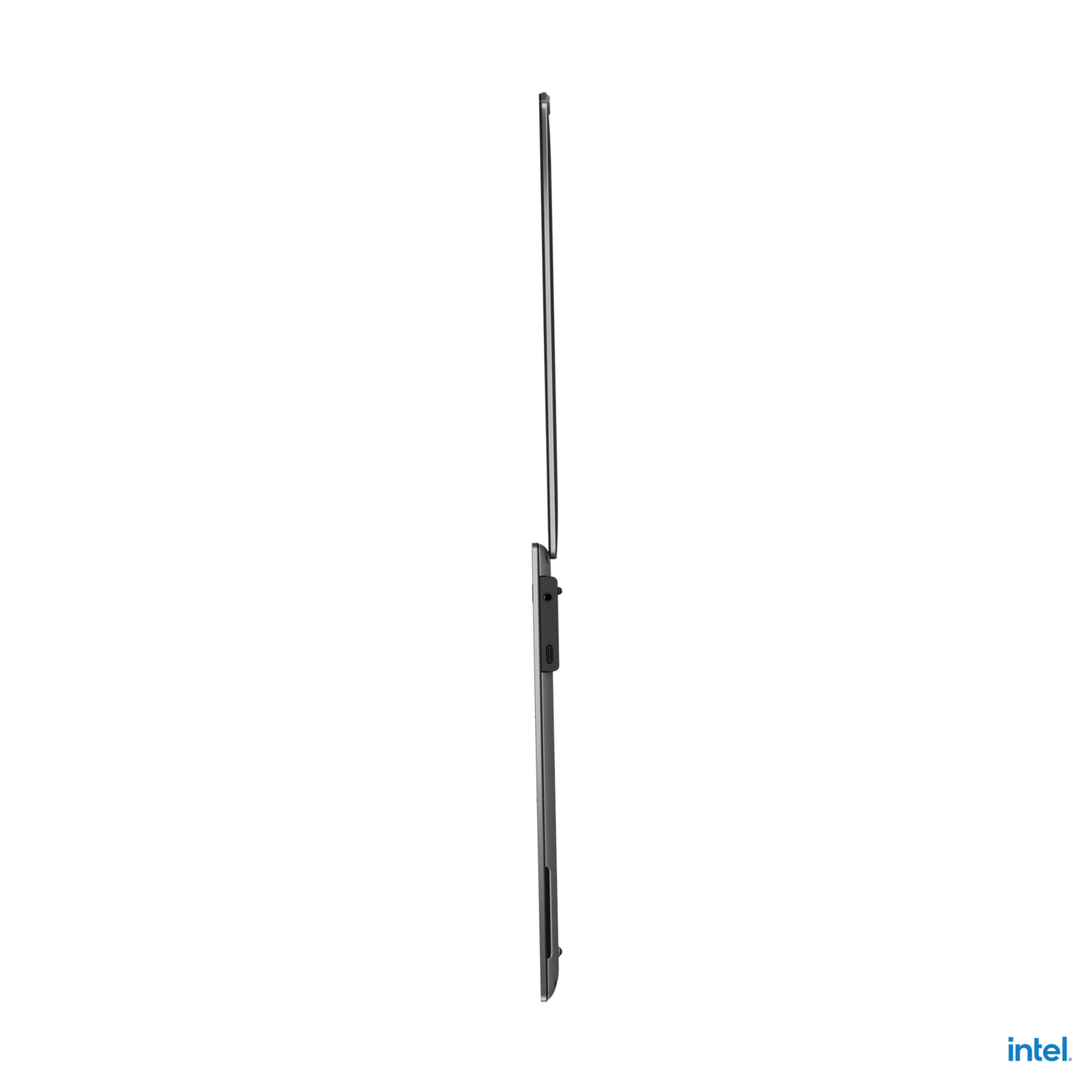 A very thin laptop profile, showing the side with an Intel sticker.