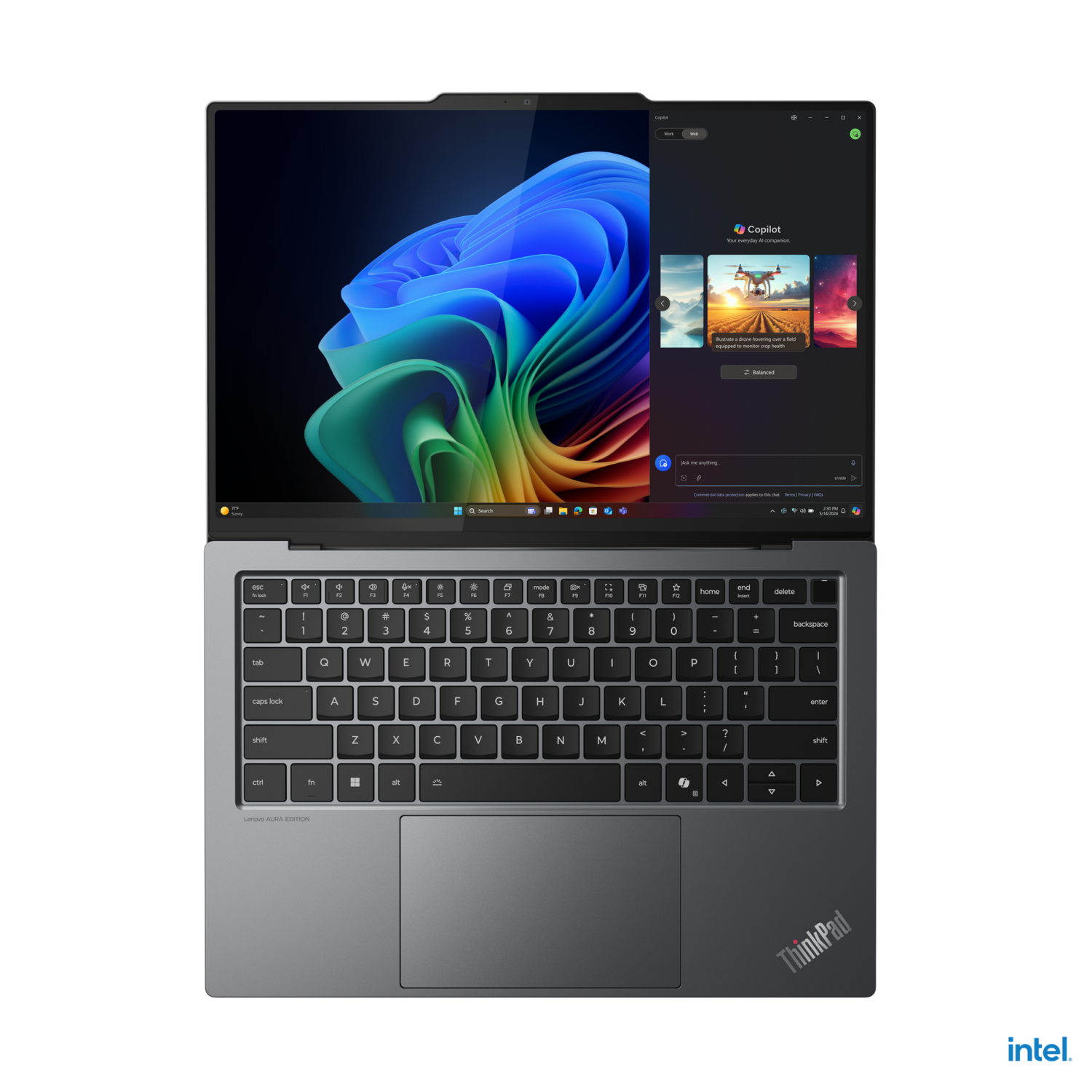 Laptop open, showing a colorful screen with a Copilot application, keyboard visible.