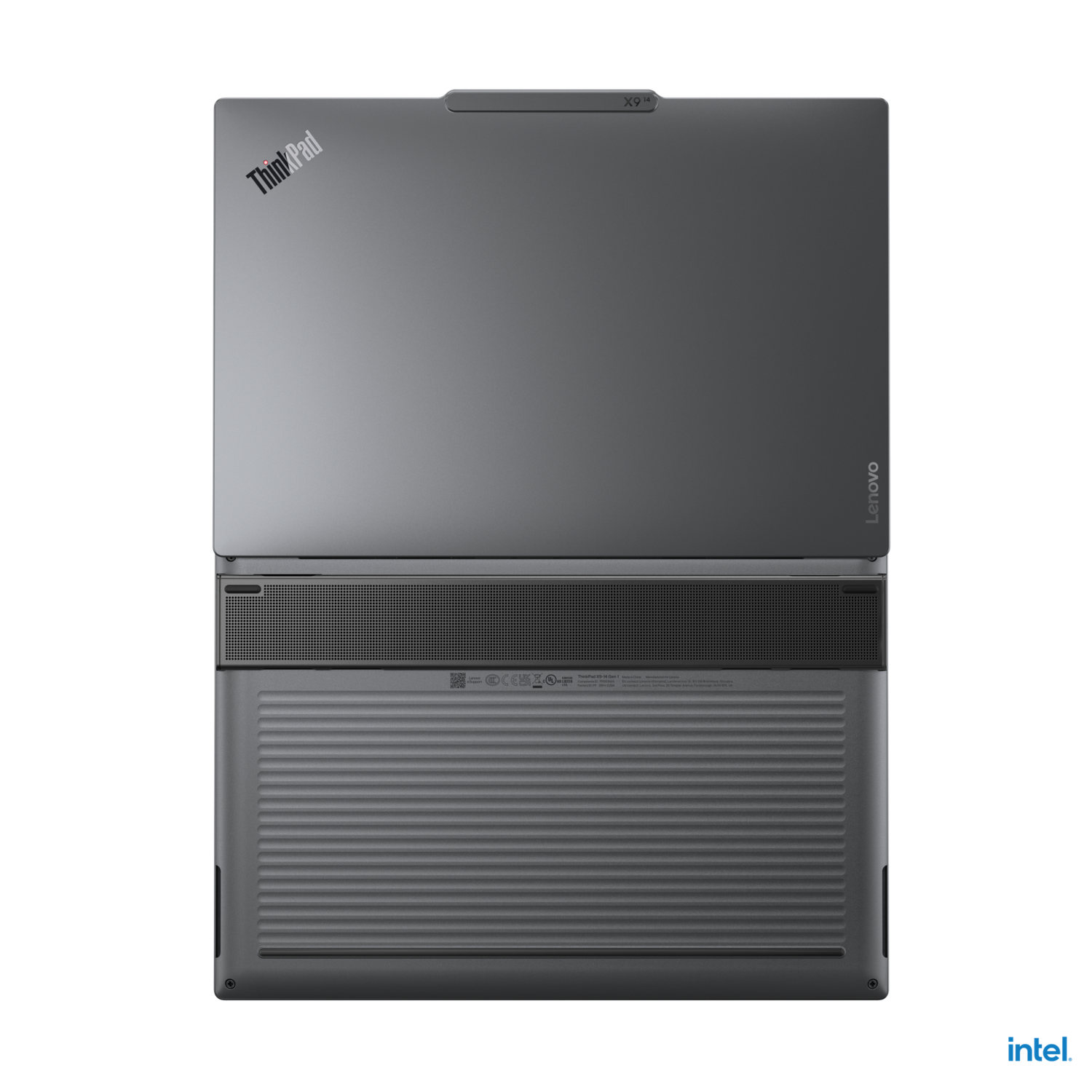 A ThinkPad laptop, top view, on a black surface. Lenovo logo is on the top, Intel logo at the bottom.