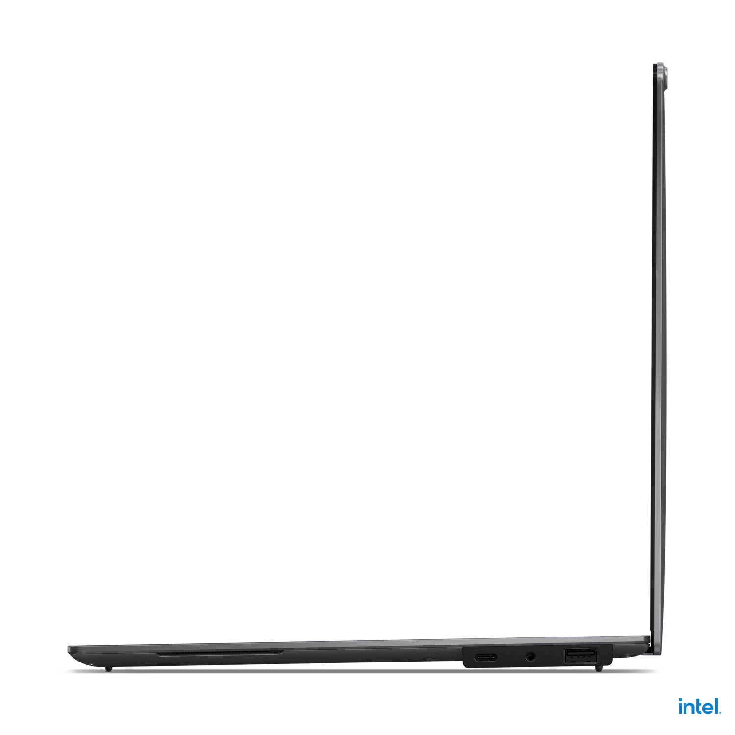 Side view of a laptop with a black screen.
