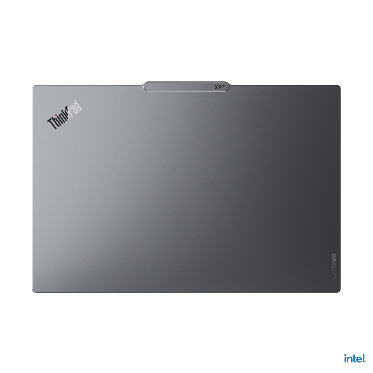 A top-down view of a black laptop on a black background. The ThinkPad logo is visible.
