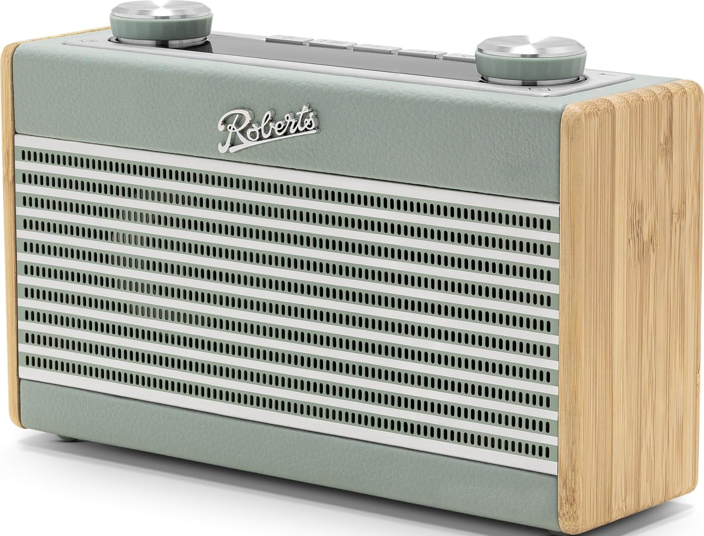 Radio im Vintage-Stil, grün und cremefarben mit Holzseiten. Silberner Grill und Knöpfe. "Roberts"-Logo sichtbar.