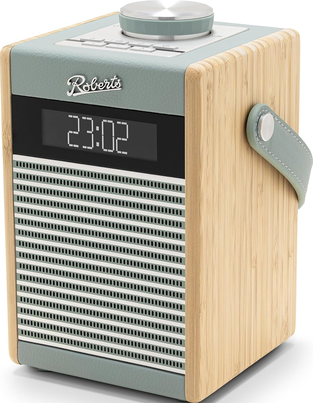 Ein Roberts-Radio in hellblauem und Holzdesign, mit digitaler Anzeige der Uhrzeit.