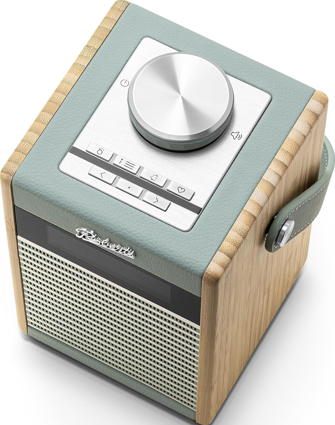 Ein Vintage-Radio mit Holz- und blauem Finish, einem großen Drehknopf und mehreren Tasten wird angezeigt.