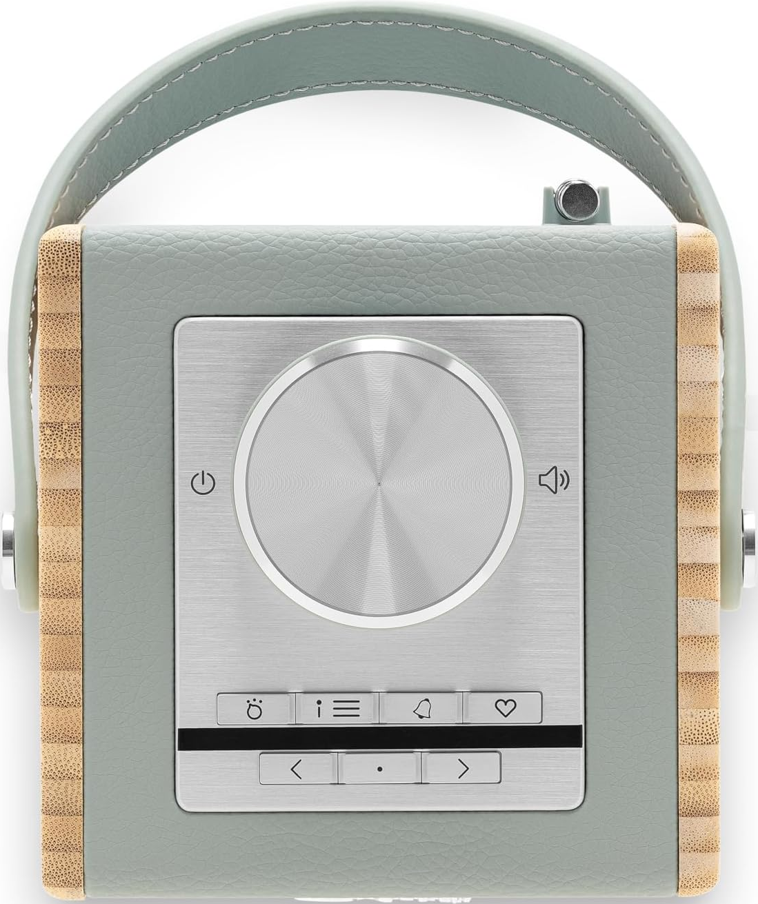Ein kleines Radio im Retro-Stil mit grünem Ledergriff und silberner Frontplatte.