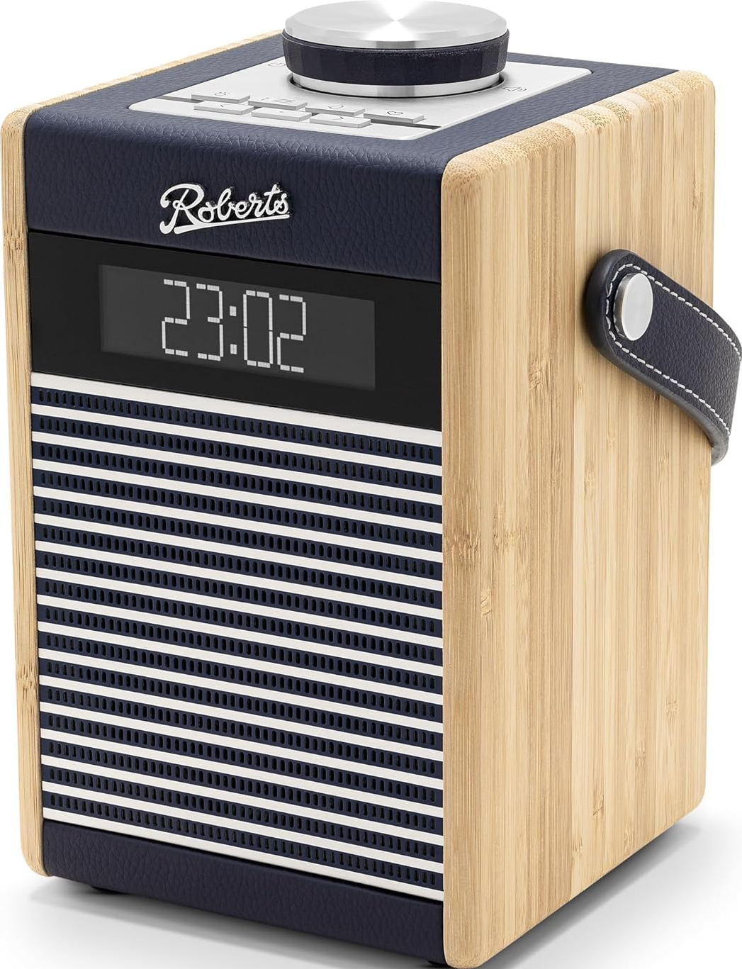 Holzradio mit Digitalanzeige und Drehknopf oben.