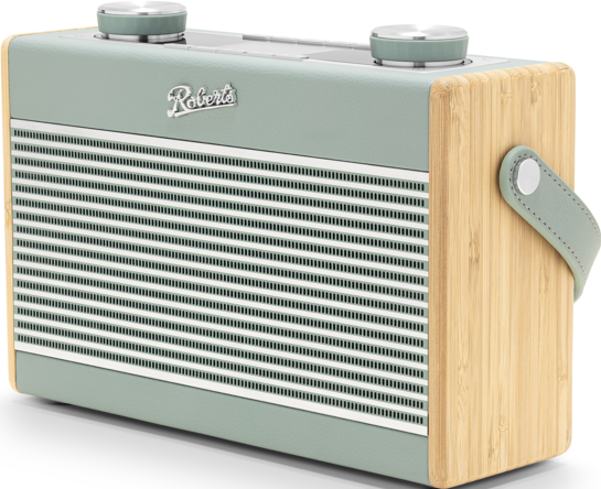 Ein Radio im Retro-Stil mit Holzseiten und einer hellgrünen Vorderseite. Es hat zwei Knöpfe und einen Griff.