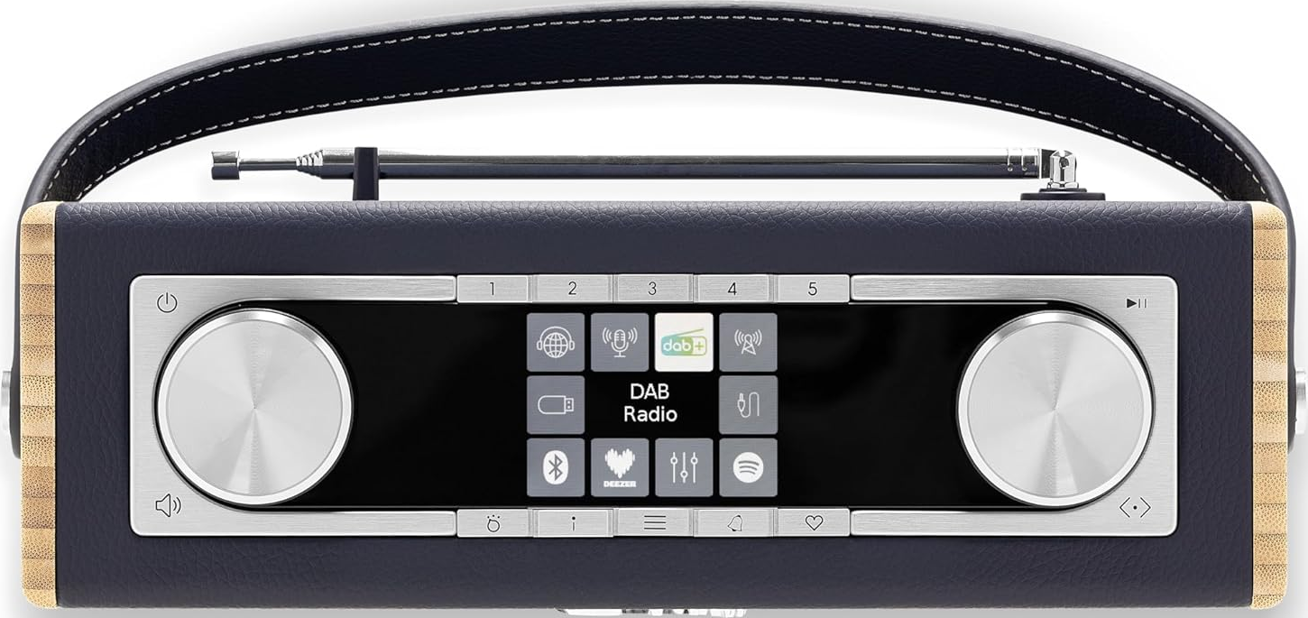 Ein schwarzes Radio mit dunklem Griff und schwarzem Display.