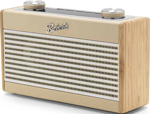 Beige Roberts-Radio mit Bambusseiten. Es hat einen Lautsprechergrill und zwei Knöpfe oben. Das Logo ist sichtbar.
