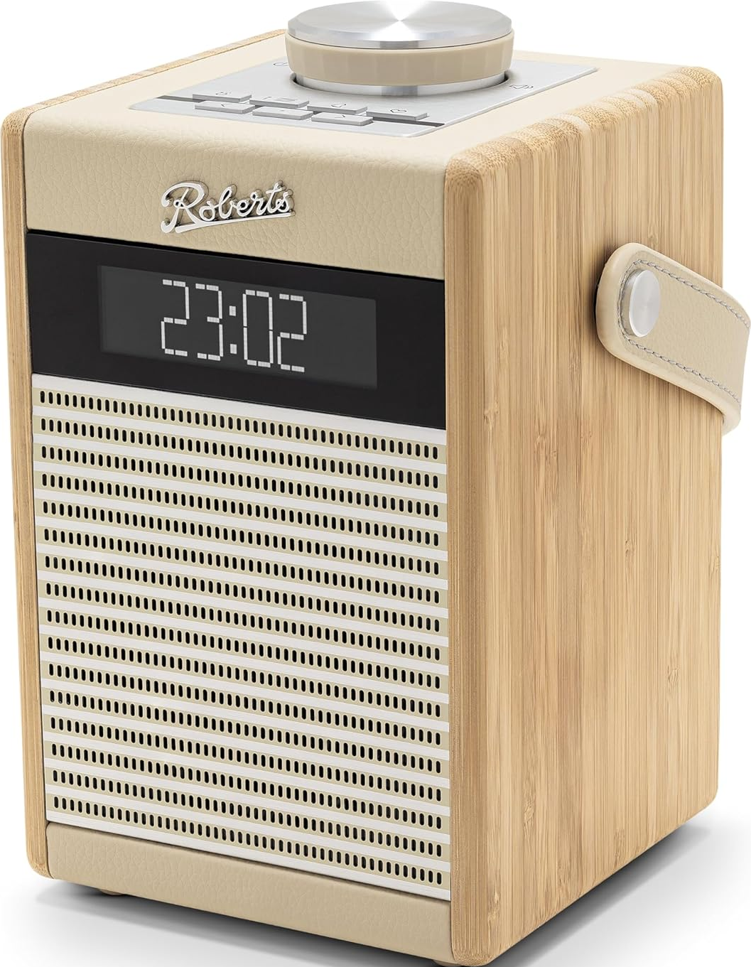 Roberts Radio, cremefarben und Bambus, mit digitaler Anzeige, die die Zeit anzeigt.