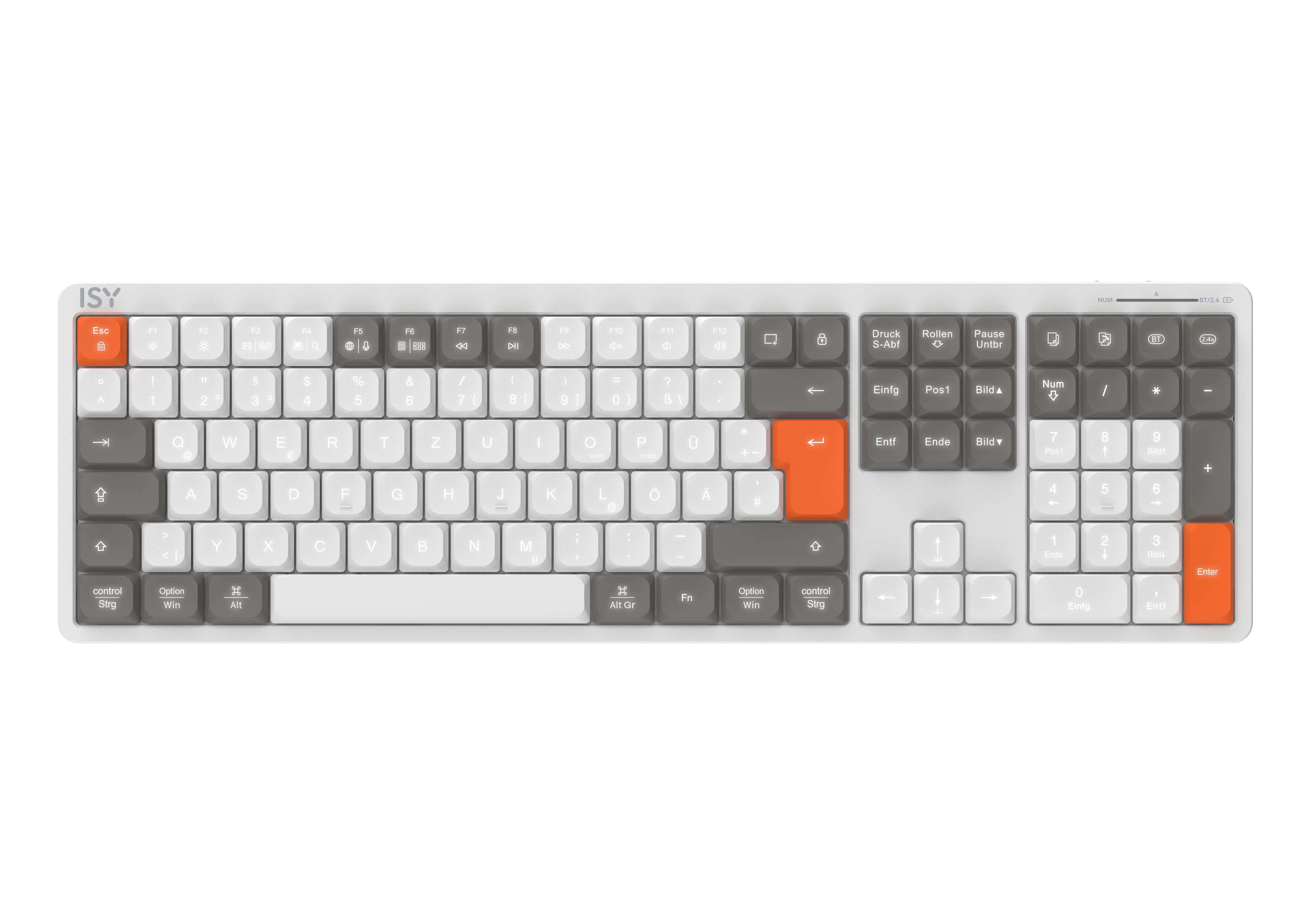 Weiße und graue Tastatur mit orangenen Tasten. Viele Tasten mit Buchstaben und Zahlen.