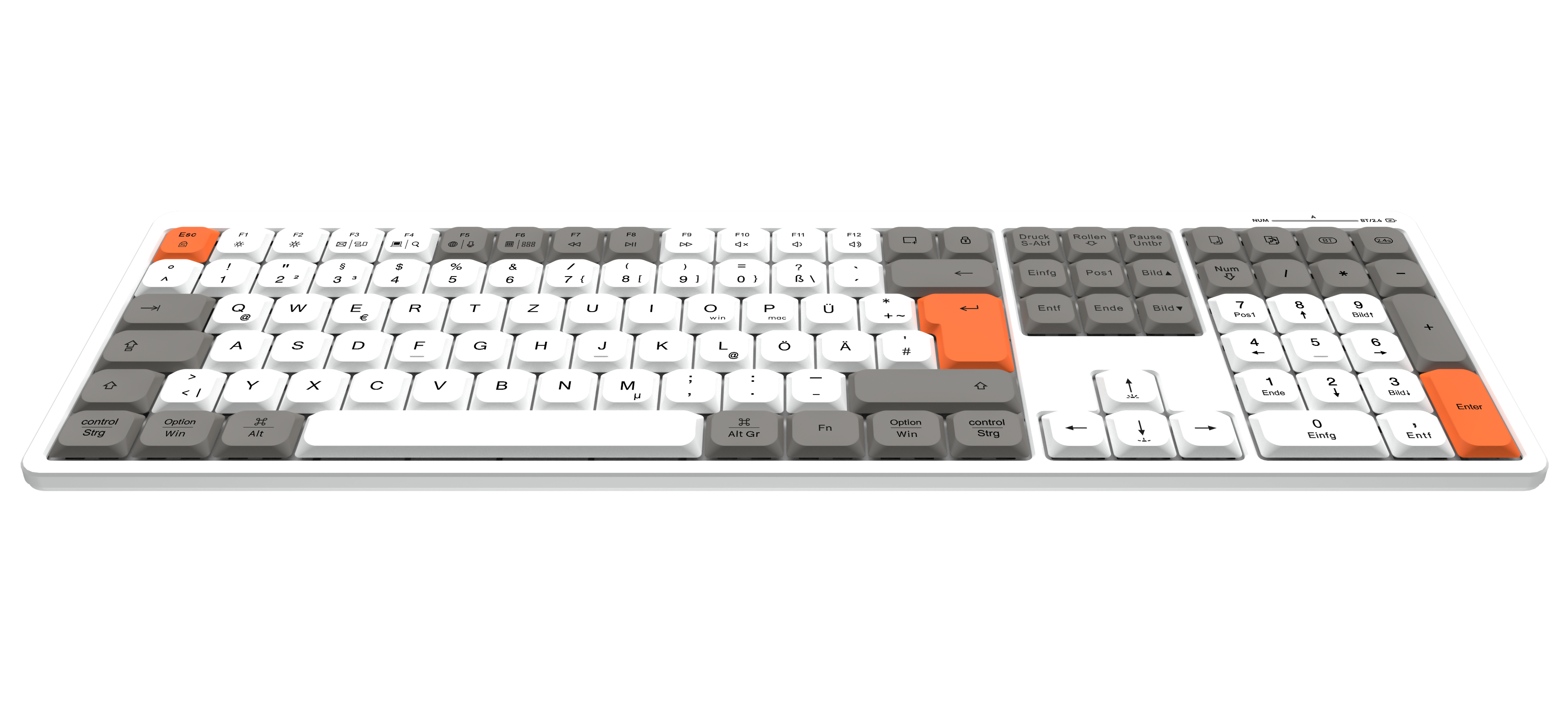 Weiße Tastatur mit grauen und orangefarbenen Tasten. Die Tastatur ist eine Tastatur in voller Größe mit Nummernblock.