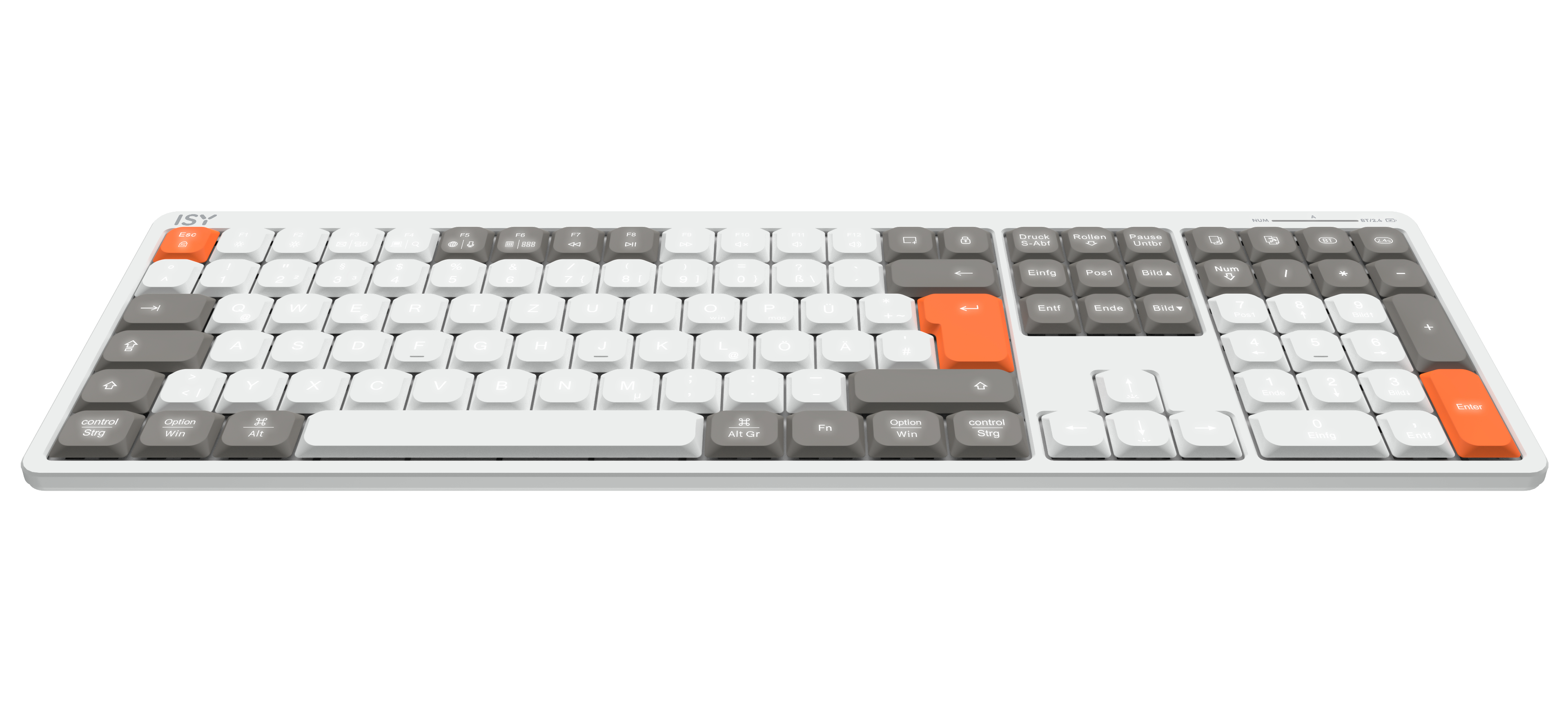 Weiße Tastatur mit grauen und orangefarbenen Tasten.