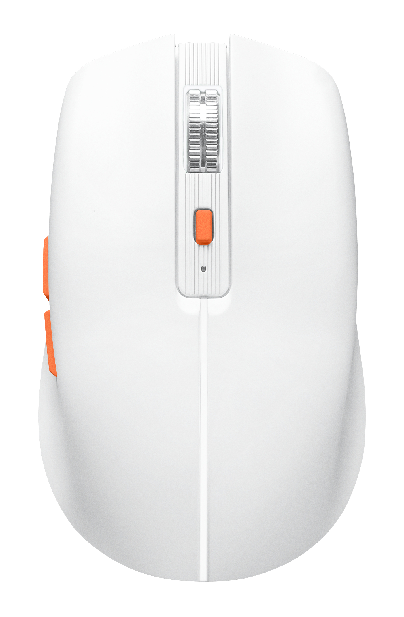 Eine weiße Computermaus mit orangefarbenen Knöpfen und einem Scrollrad.