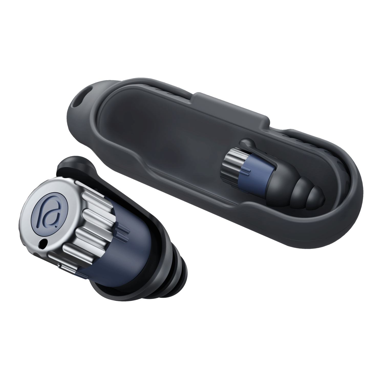 A set of noise-canceling earbuds in a charging case, with the earbuds and case visible.