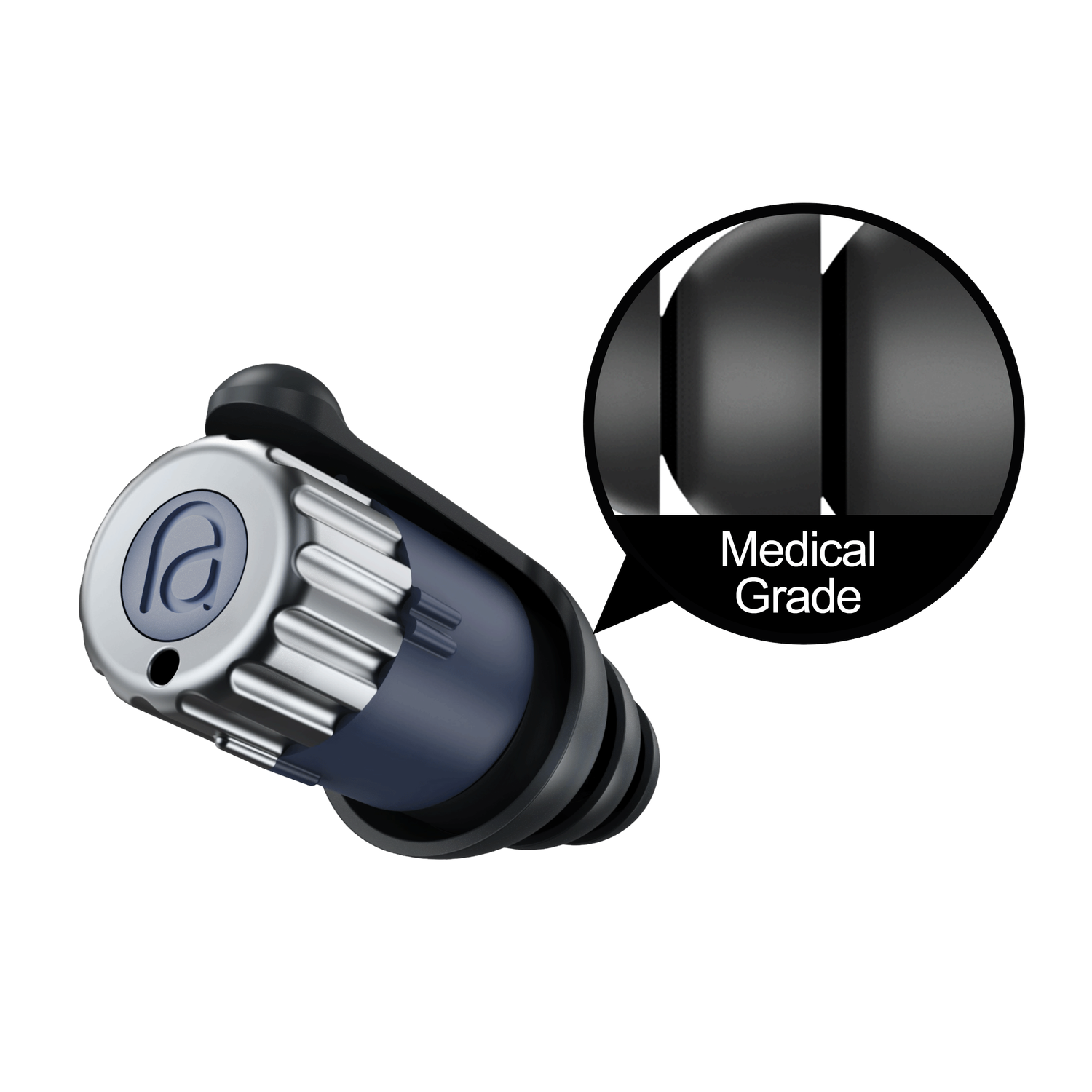 Earplug with a silver and blue body, black edges. Text bubble says 'Medical Grade' with zoomed detail of the earplug.