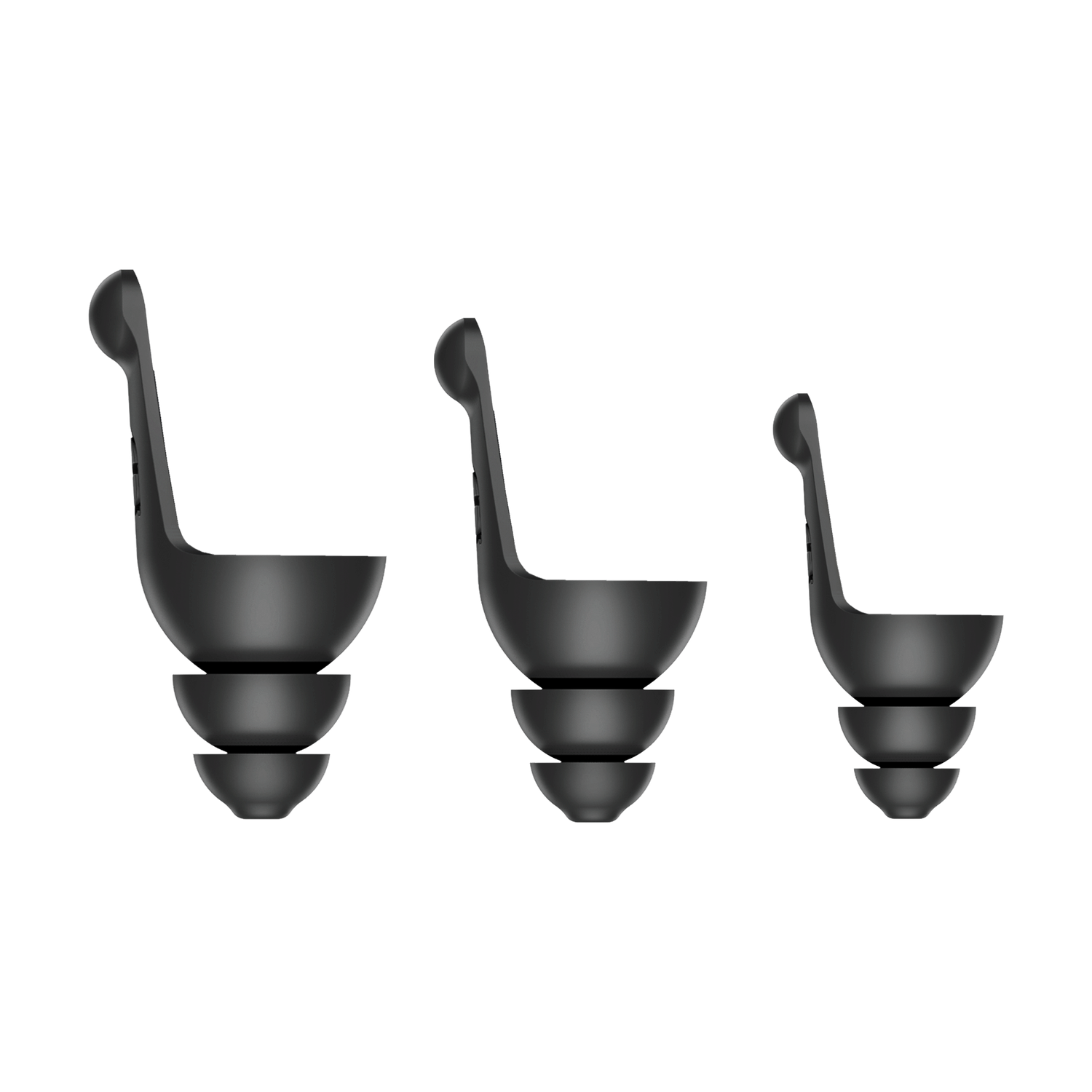 Three black ear tips in different sizes. White background. Side view of the tips.