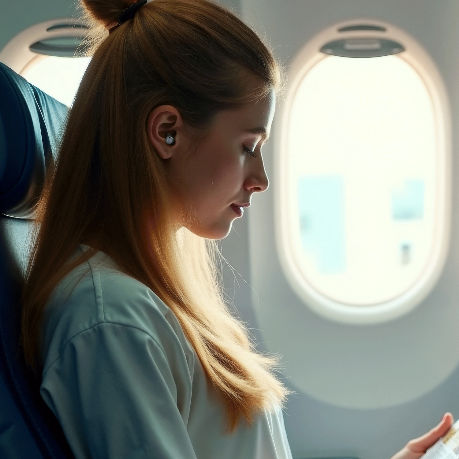 Woman on a plane, looking at a book. She has earbuds in. Window in the background with sunlight.