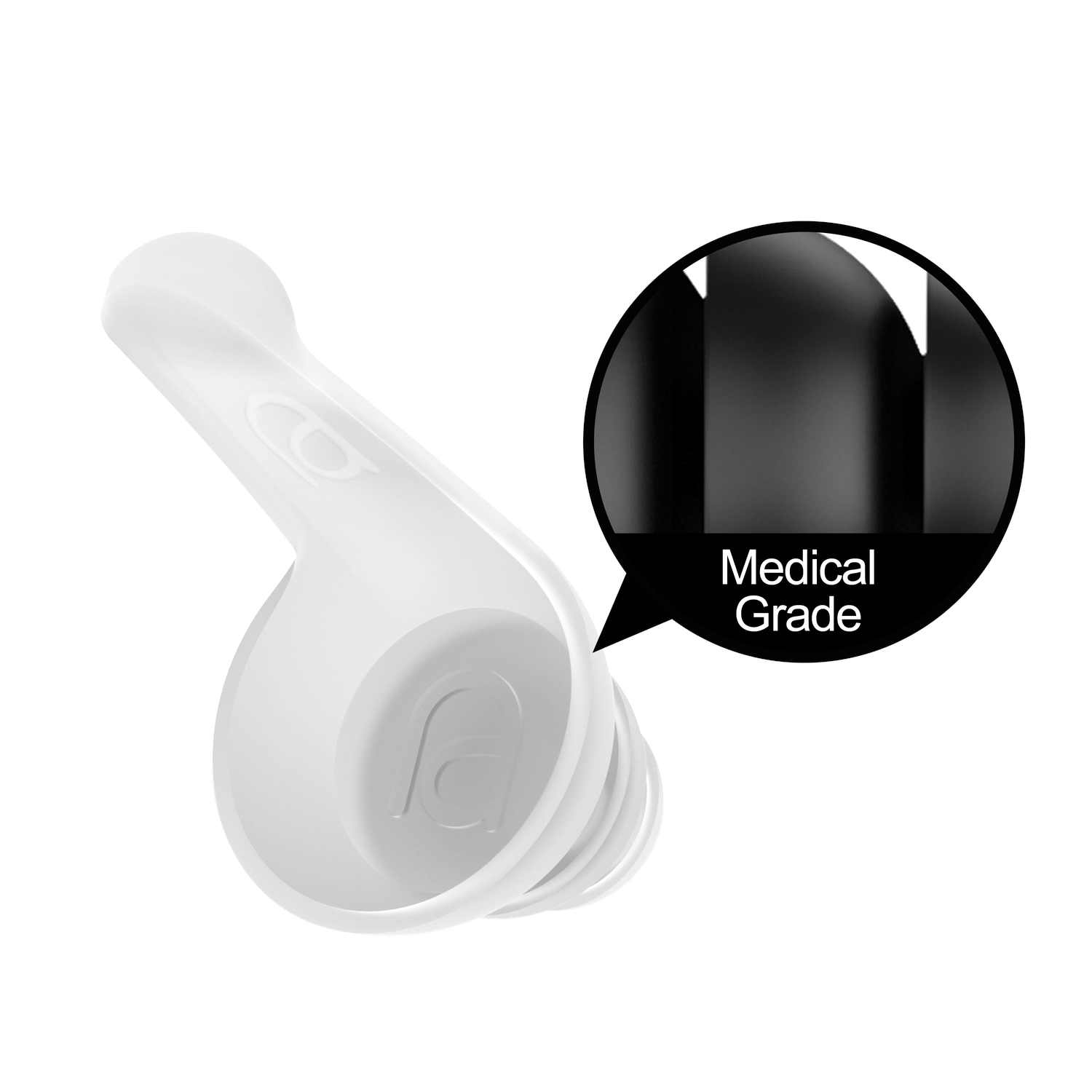 White earplug with a black circle showing the medical grade.