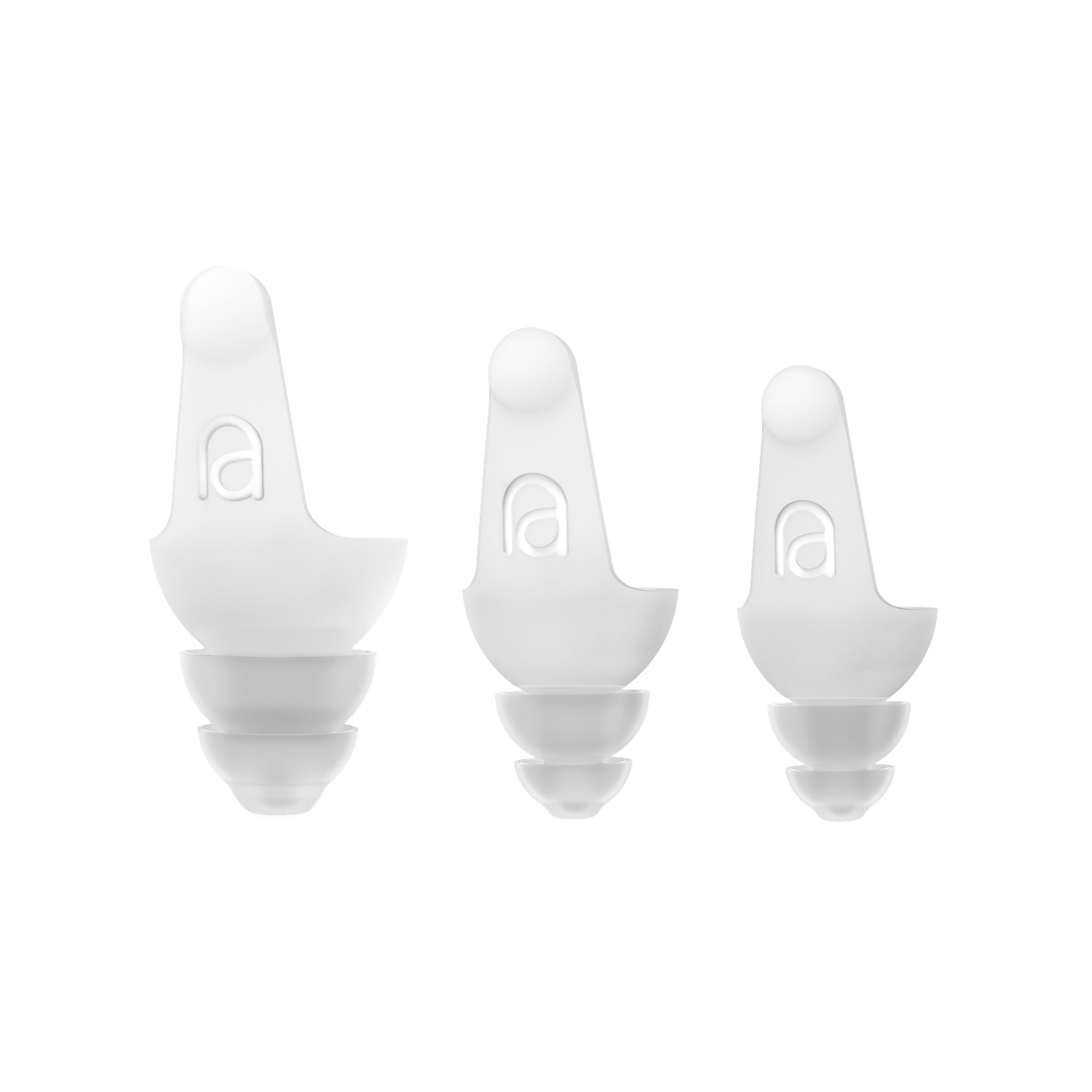 Three white earplugs of different sizes, each with a small logo. They are isolated on a white background.