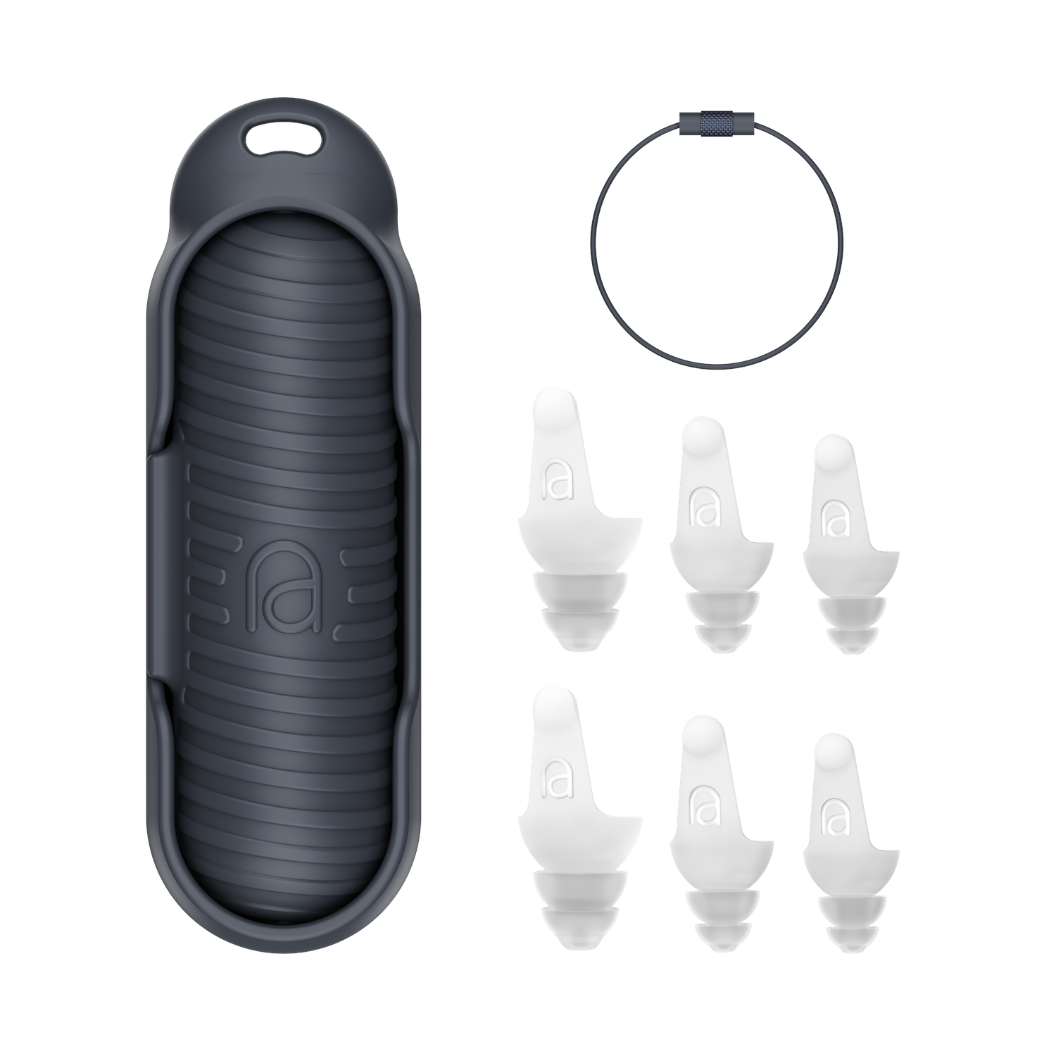 Earplugs in a case, with a metal ring and extra earplugs. White background.