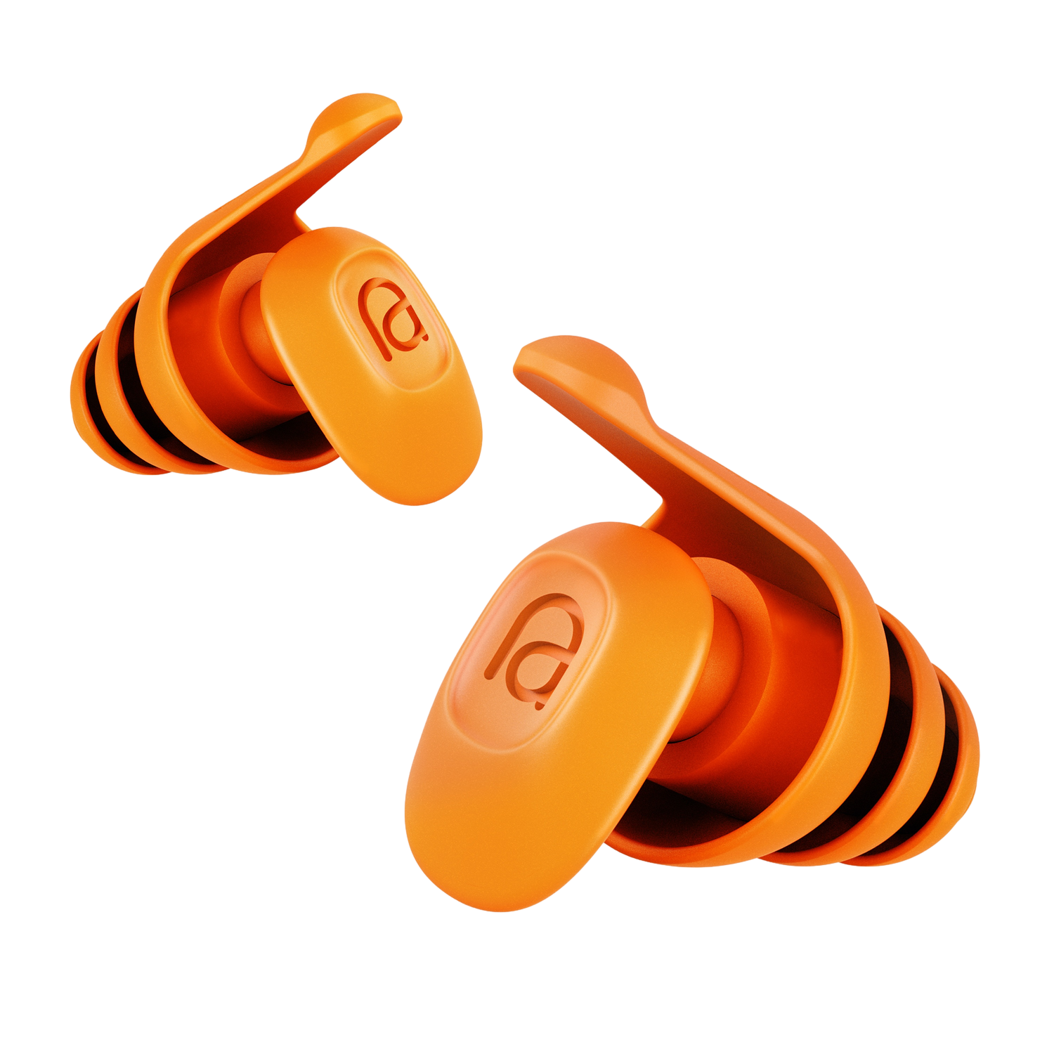 Twee oranje oordopjes schuin naar rechts op een zwarte achtergrond. Elk heeft een logo aan de voorkant.