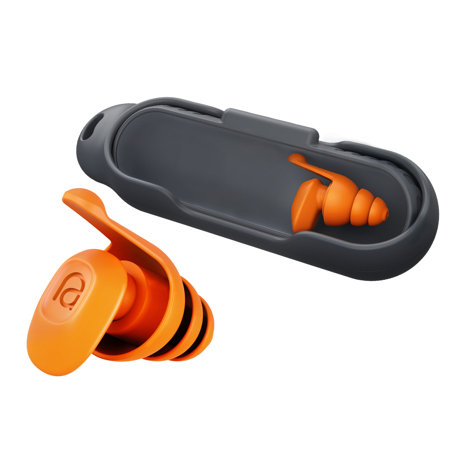 Oranje oordopjes in een grijze hoes. Eén oordopje ligt buiten de hoes.