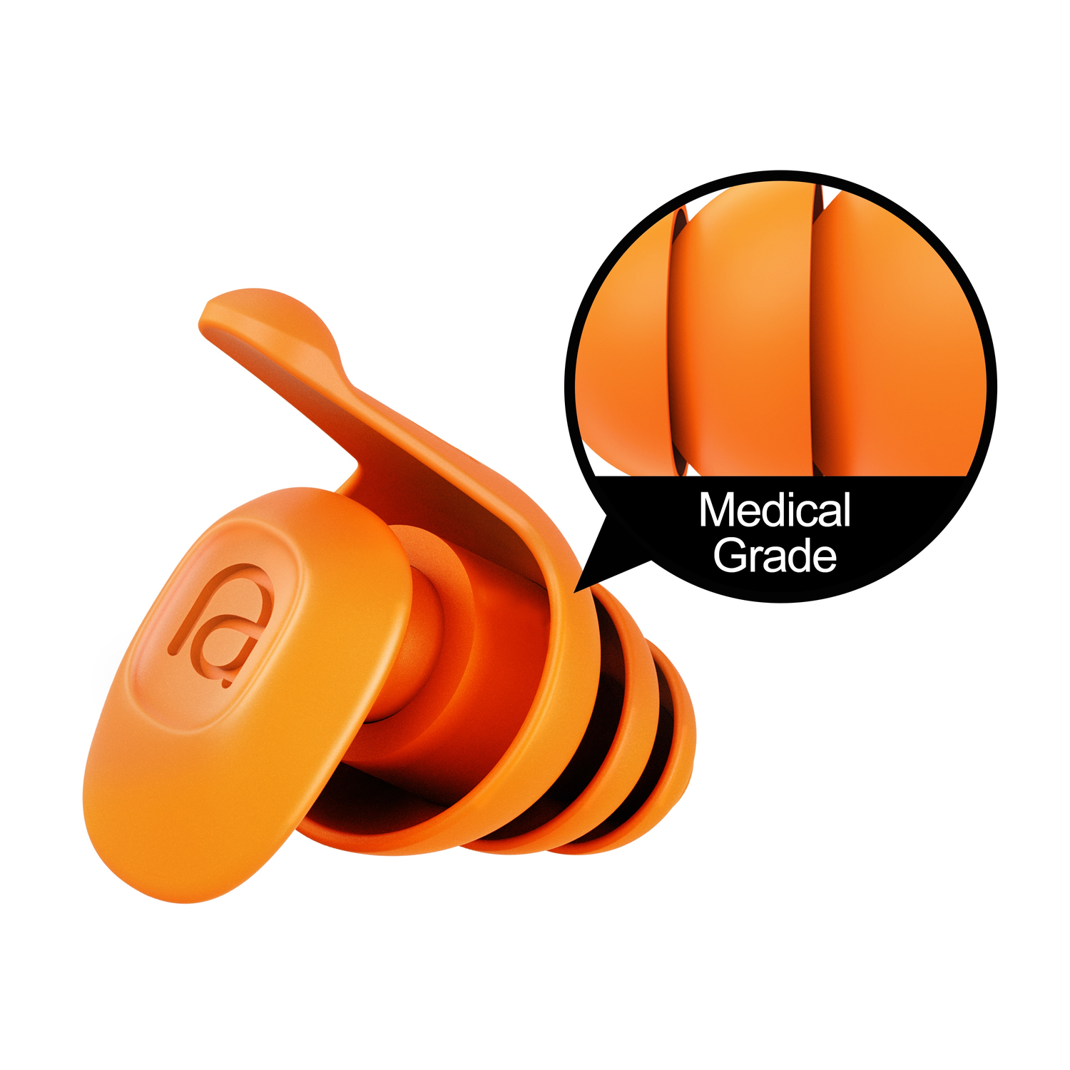 Oranje oordopjes met etui, medische kwaliteit. Witte achtergrond, detail van de oordopjes. Tekst zichtbaar.