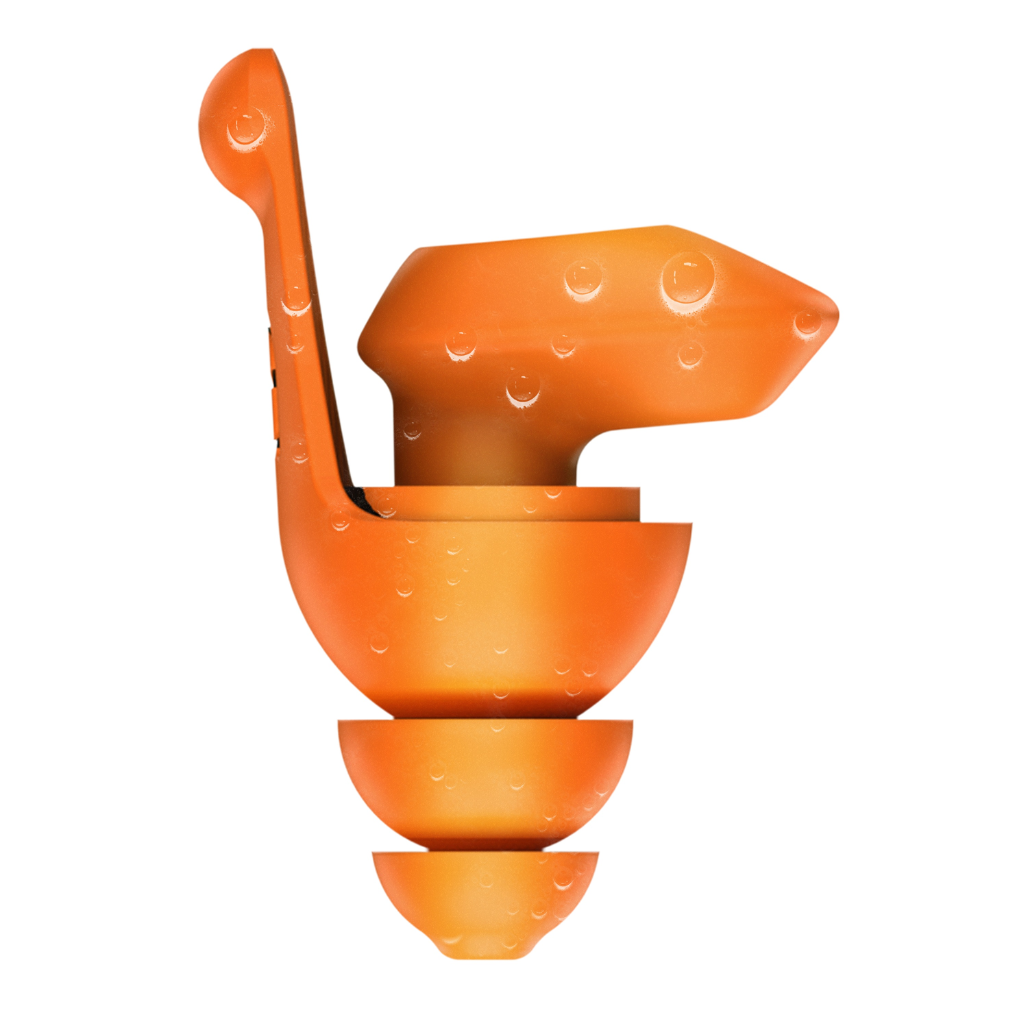 Oranje oordopjes met een uniek gelaagd ontwerp, verschijnend als een driedimensionaal object tegen een witte achtergrond.